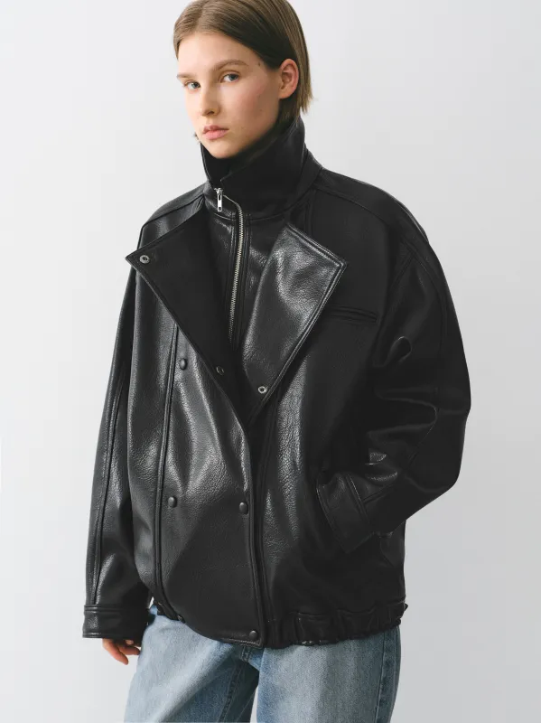 Double Collar Faux-Leather Jacket, Black sold by Source Unknown