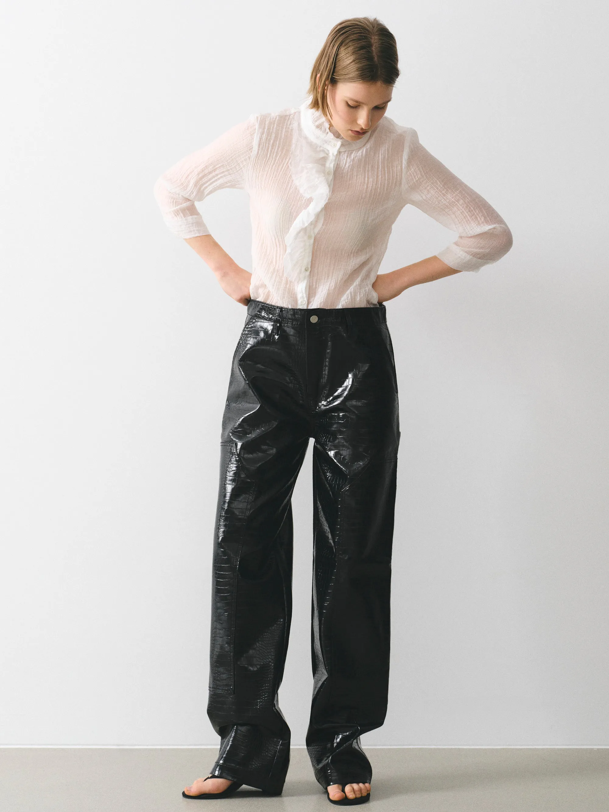 Croc-Embossed Coated Faux-Leather Trousers, Black sold by Source Unknown product image thumbnail 4
