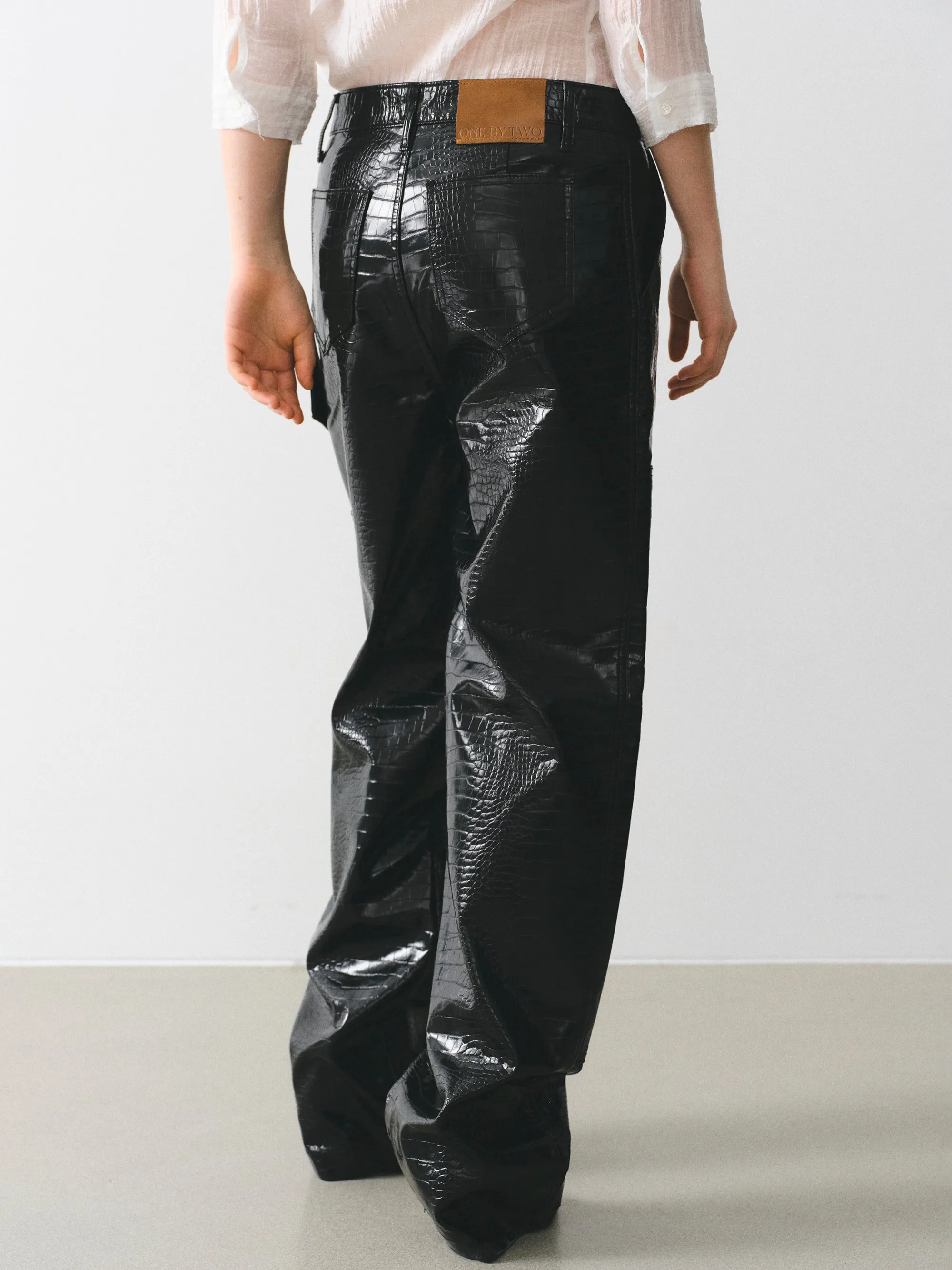 Croc-Embossed Coated Faux-Leather Trousers, Black sold by Source Unknown product image thumbnail 5