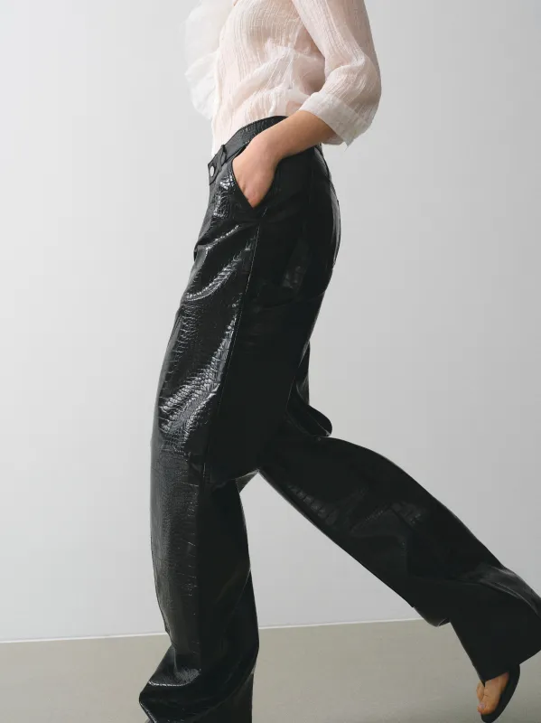Croc-Embossed Coated Faux-Leather Trousers, Black made by Source Unknown