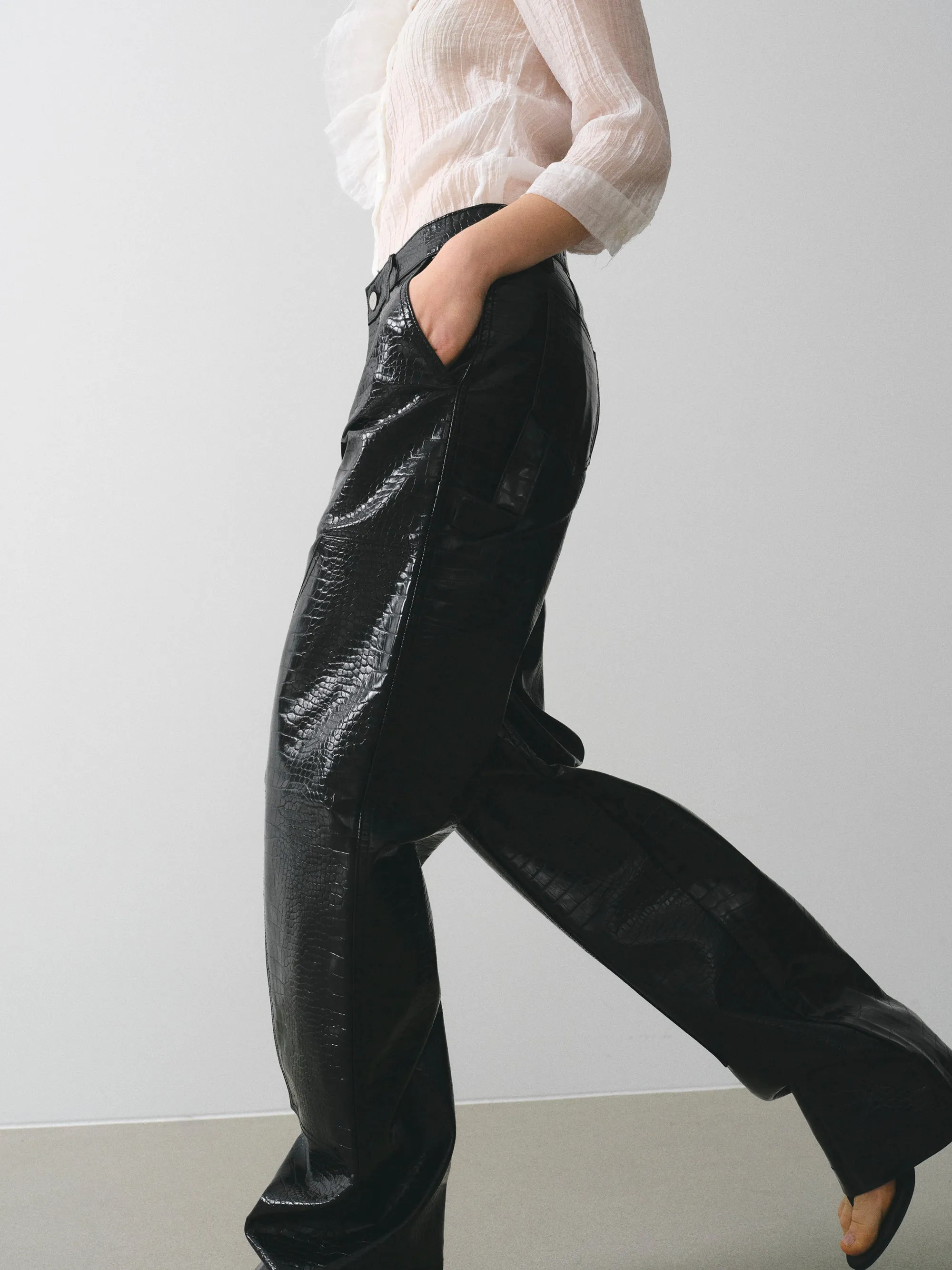 Croc-Embossed Coated Faux-Leather Trousers, Black sold by Source Unknown