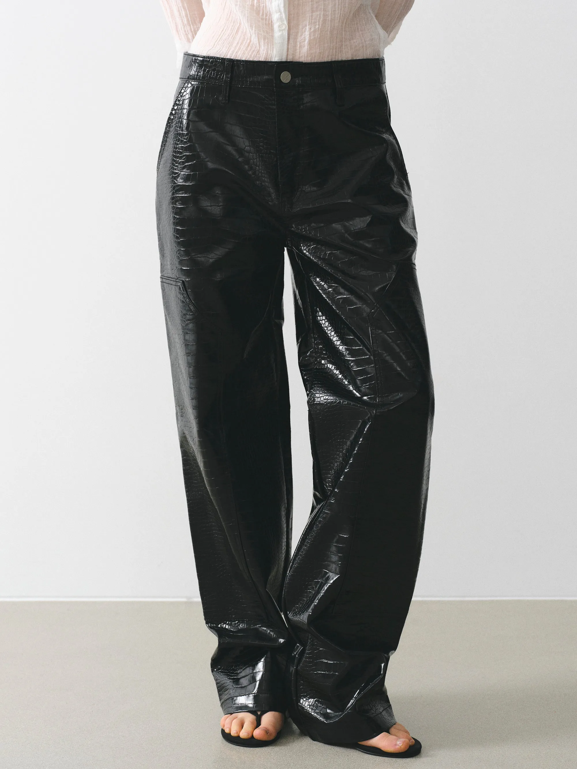 Croc-Embossed Coated Faux-Leather Trousers, Black sold by Source Unknown product image thumbnail 3
