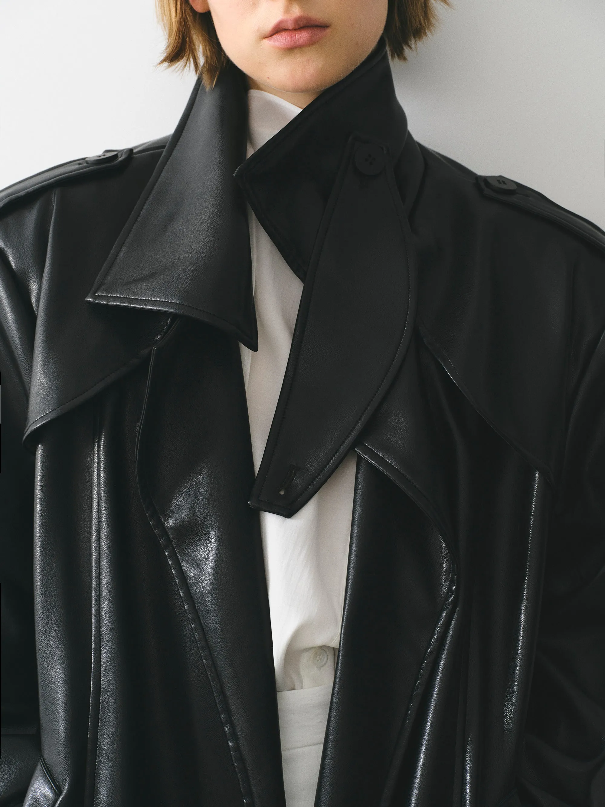 Belted Faux-Leather Coat, Black sold by Source Unknown product image thumbnail 3