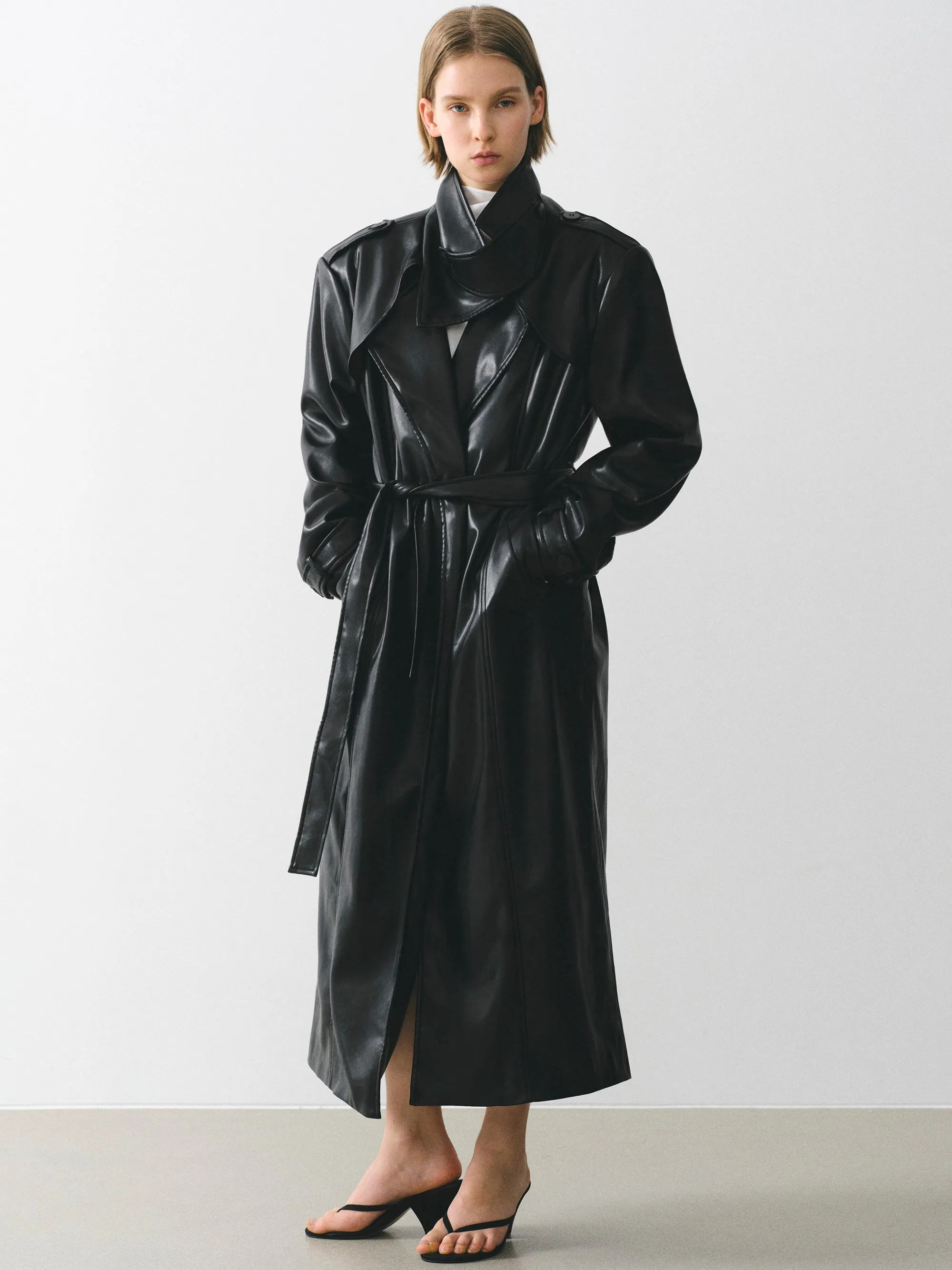 Belted Faux-Leather Coat, Black sold by Source Unknown product image thumbnail 2