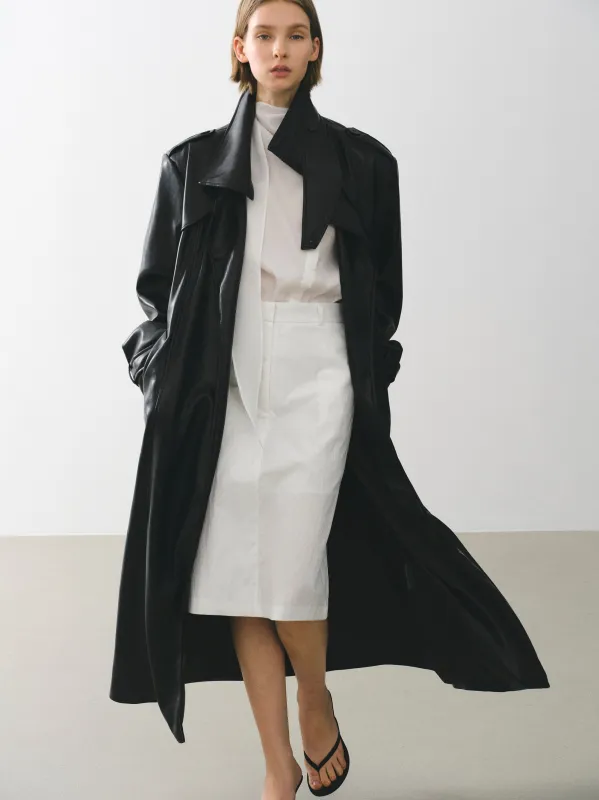 Belted Faux-Leather Coat, Black made by Source Unknown