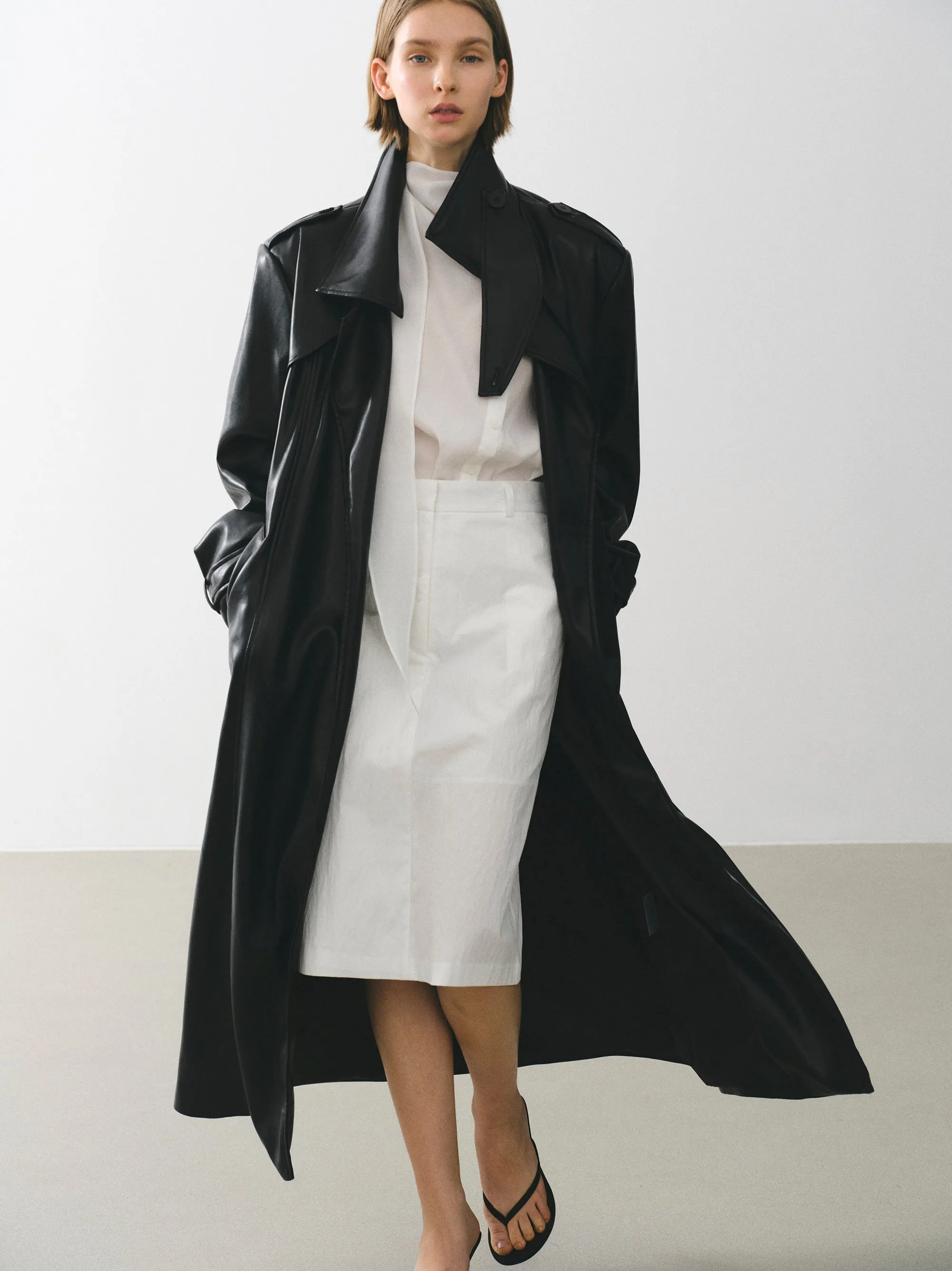 Belted Faux-Leather Coat, Black sold by Source Unknown
