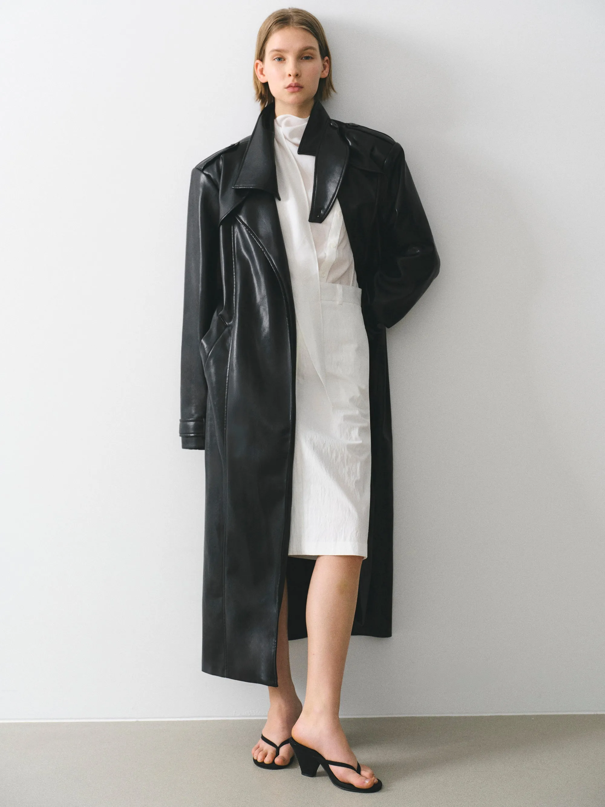 Belted Faux-Leather Coat, Black sold by Source Unknown product image thumbnail 4