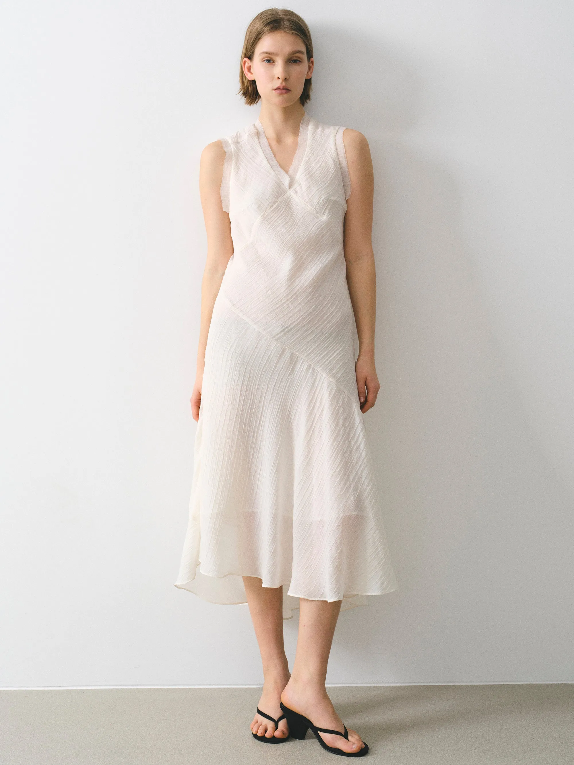 Asymmetric Gauze Midi Dress, Ivory sold by Source Unknown
