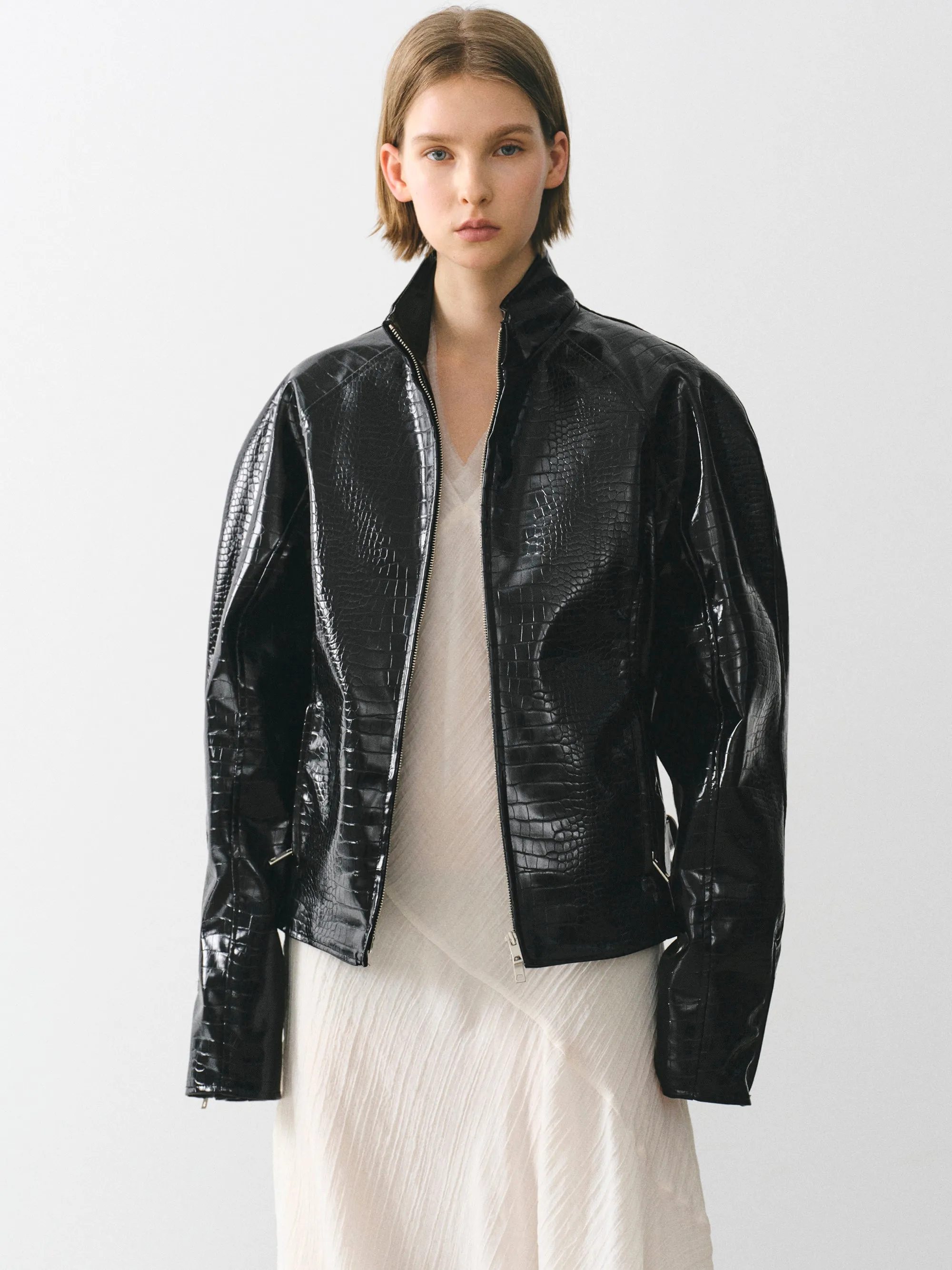 Croc-Embossed Coated Faux-Leather Jacket, Black sold by Source Unknown product image thumbnail 2