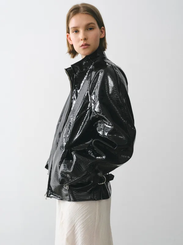 Croc-Embossed Coated Faux-Leather Jacket, Black made by Source Unknown