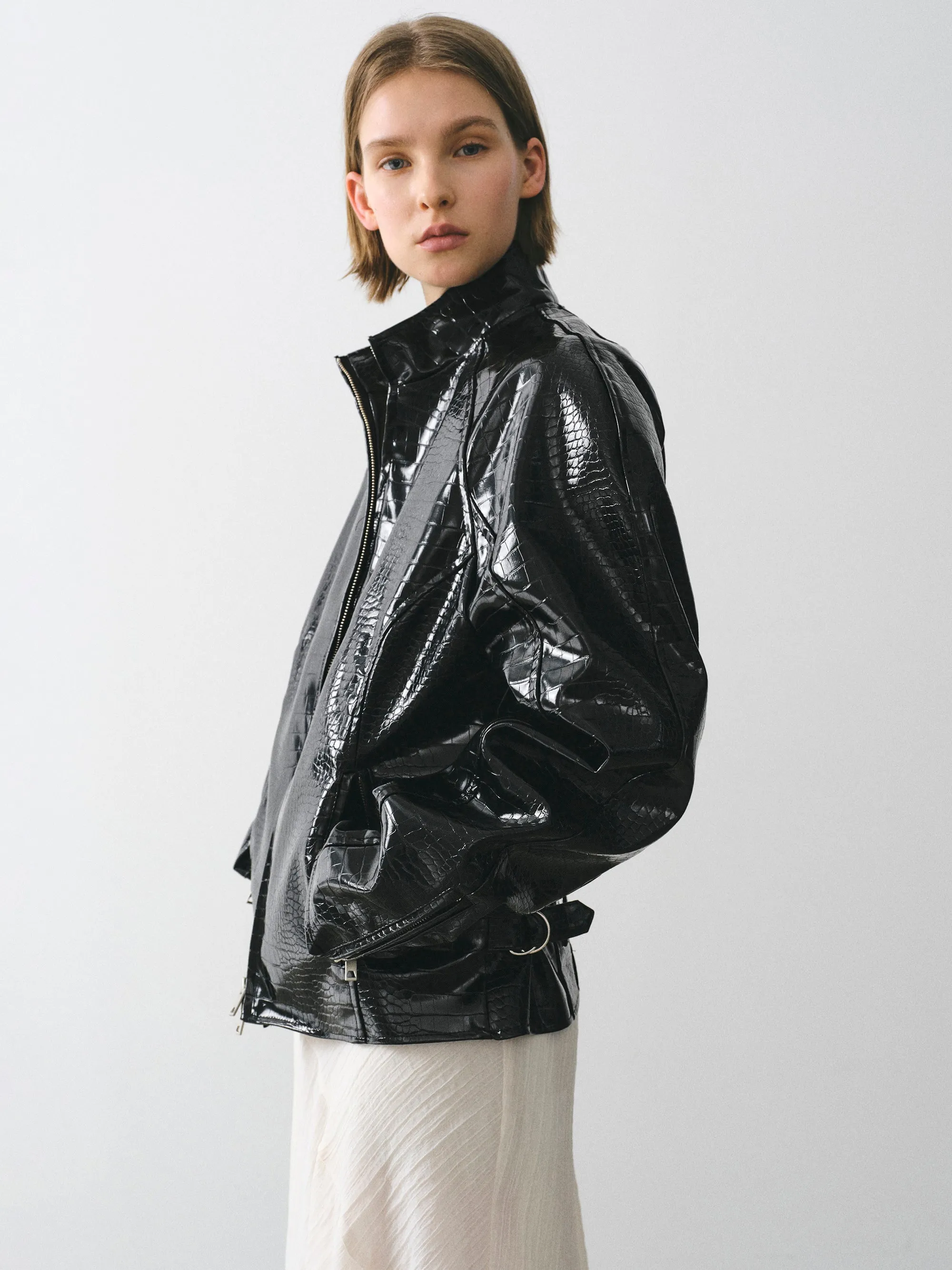 Croc-Embossed Coated Faux-Leather Jacket, Black sold by Source Unknown
