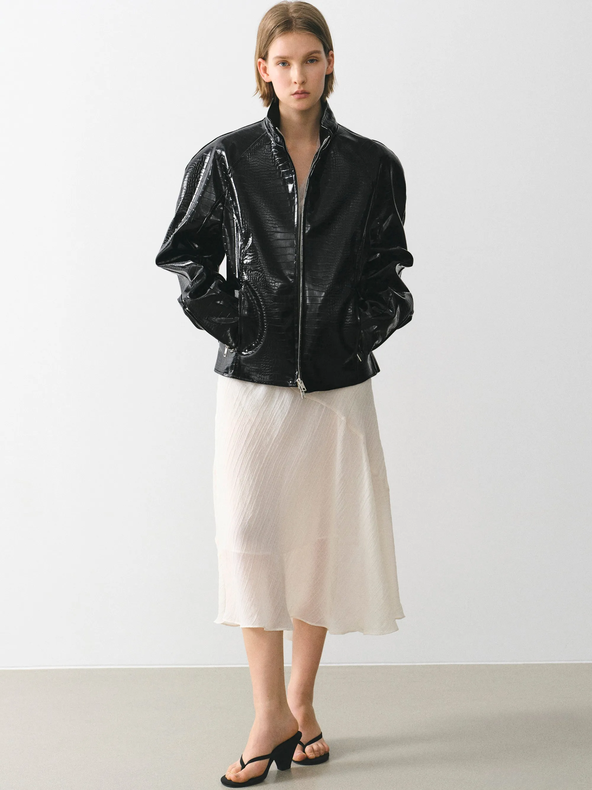 Croc-Embossed Coated Faux-Leather Jacket, Black sold by Source Unknown product image thumbnail 3