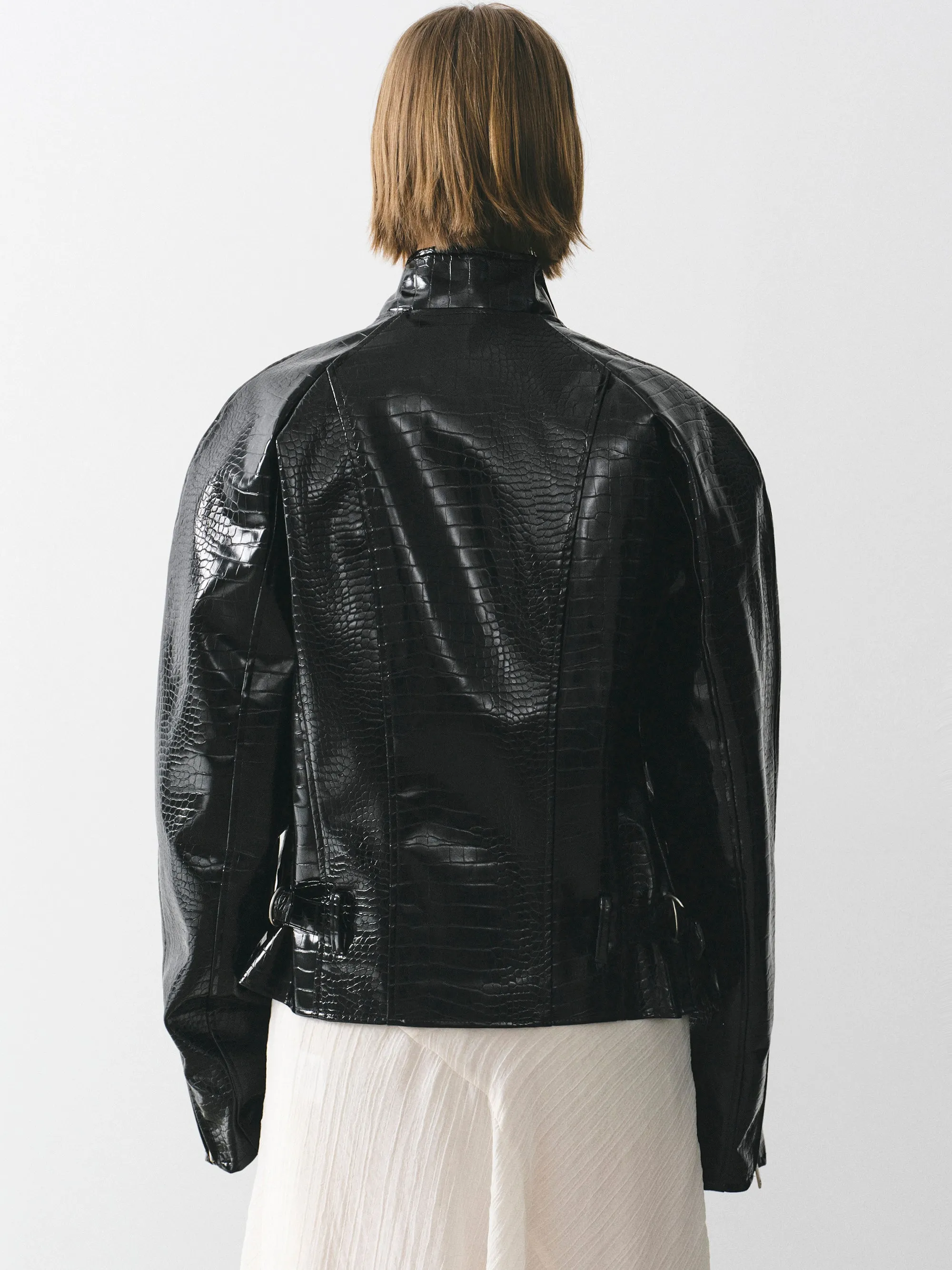 Croc-Embossed Coated Faux-Leather Jacket, Black sold by Source Unknown product image thumbnail 4