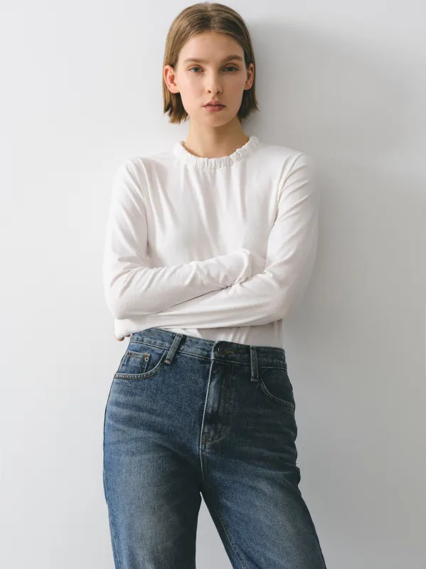 Shirred Neck Jersey Top, Ivory made by Source Unknown