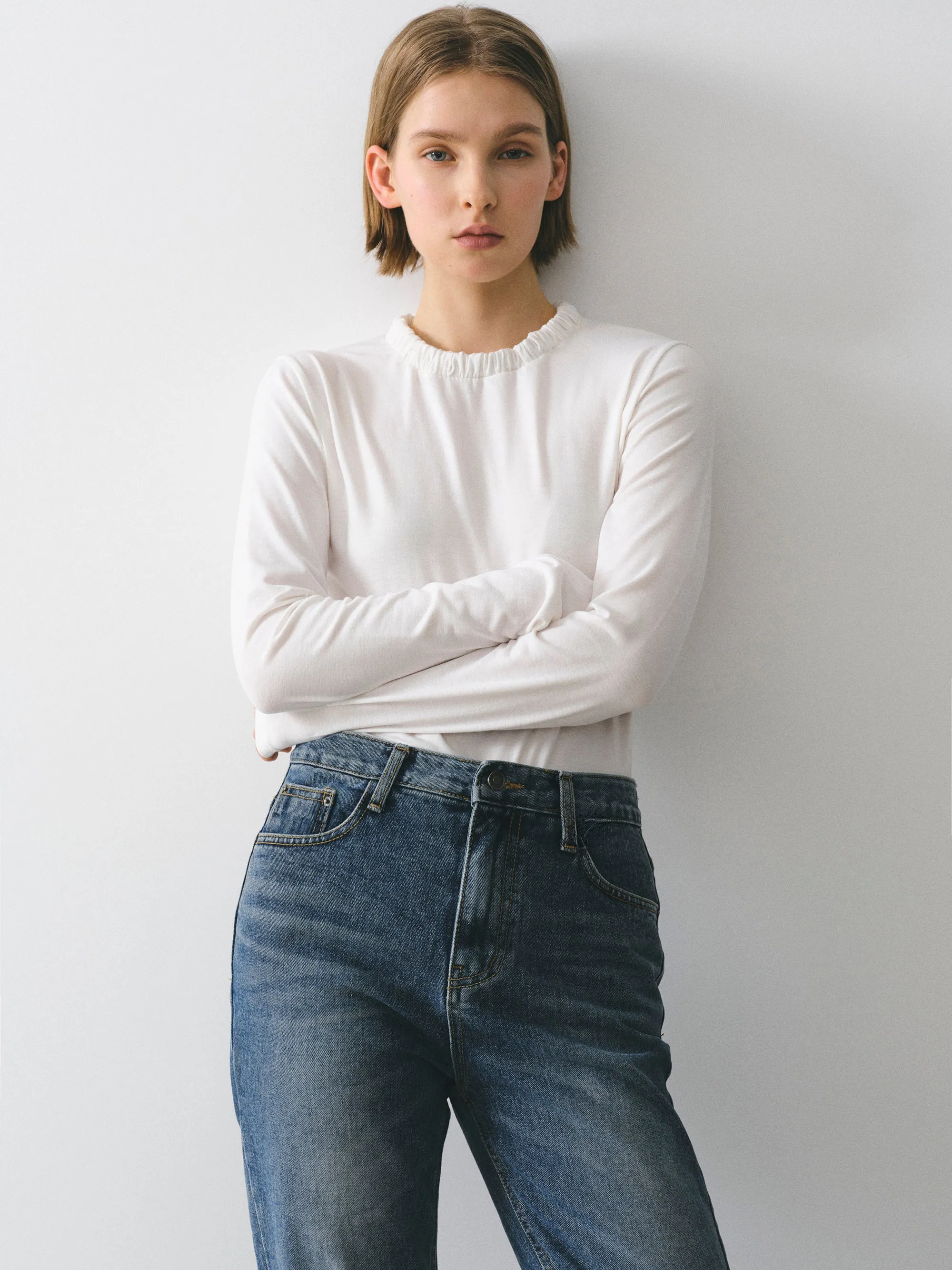 Shirred Neck Jersey Top, Ivory sold by Source Unknown