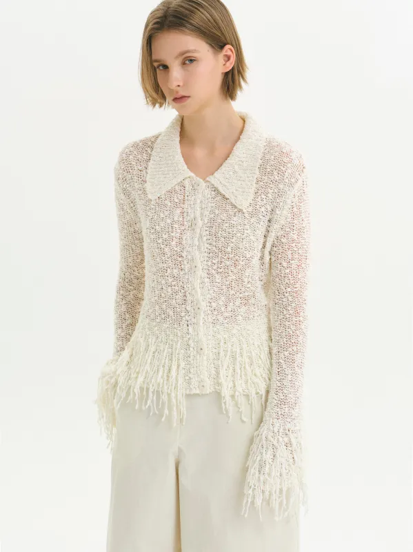 Fringe-Trimmed Open-Knit Cardigan, Ivory made by Source Unknown