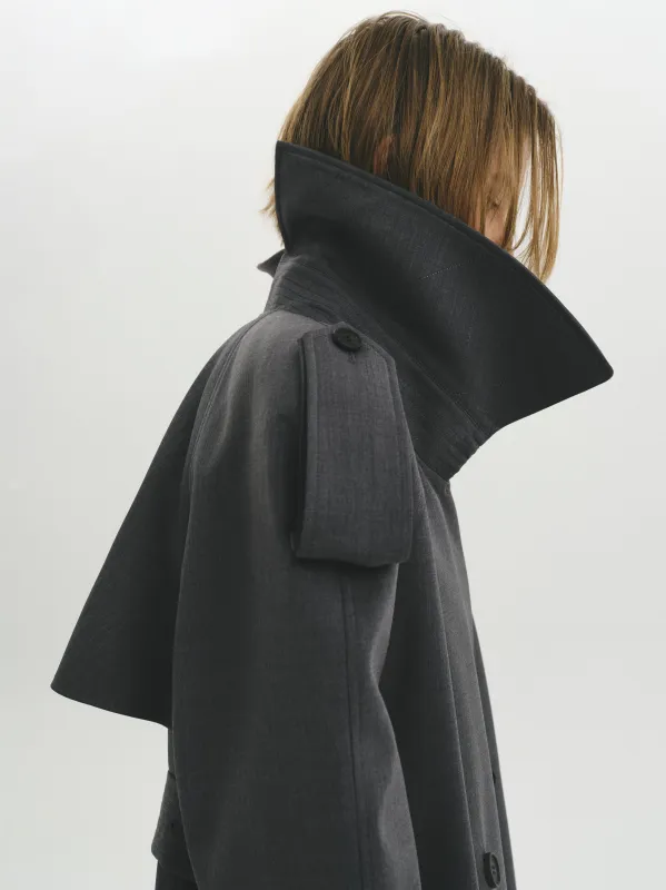 Double-Breasted High Collar Trench Coat, Grey made by Source Unknown