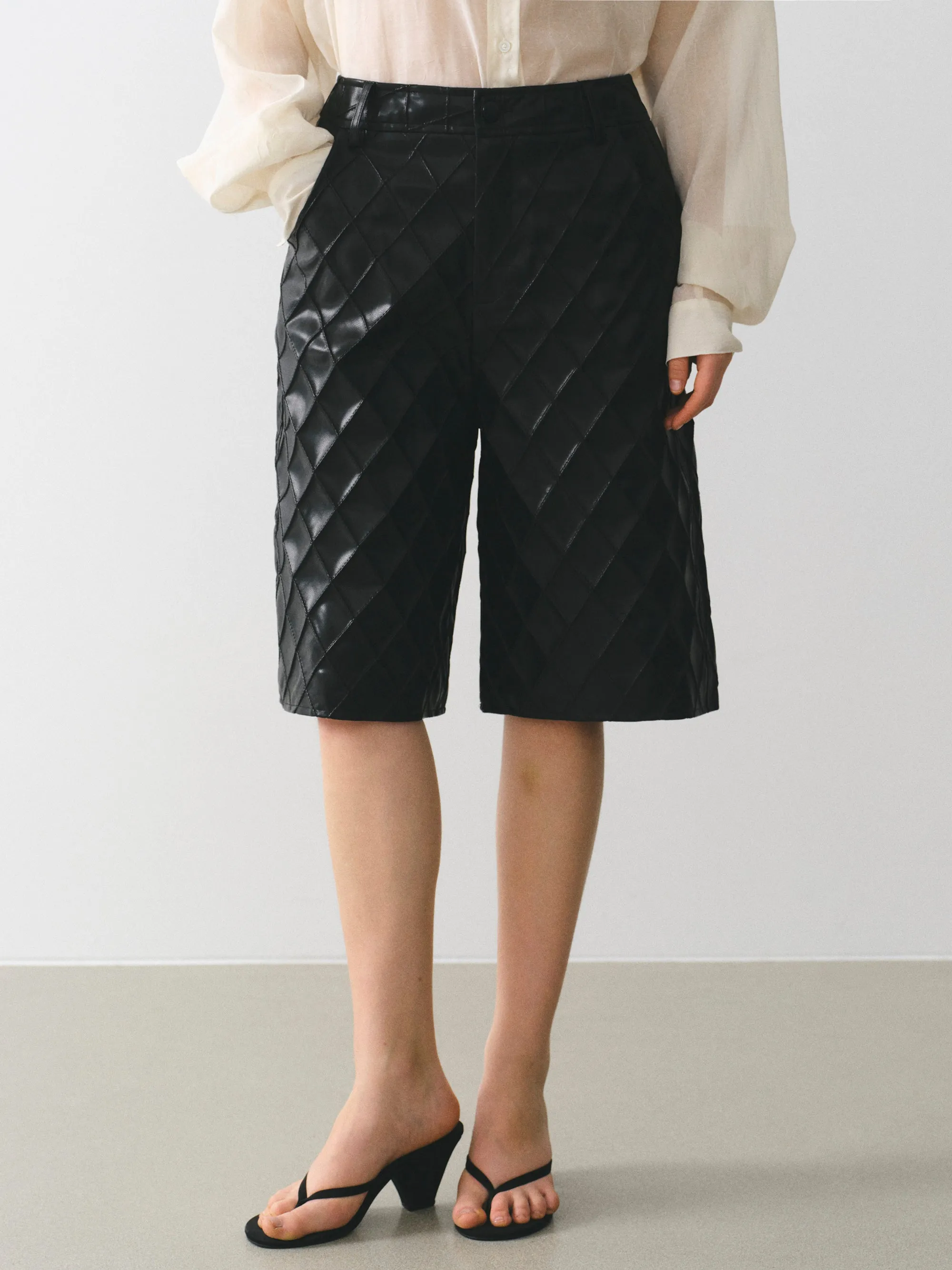 Textured Faux-Leather Bermuda Shorts, Black sold by Source Unknown