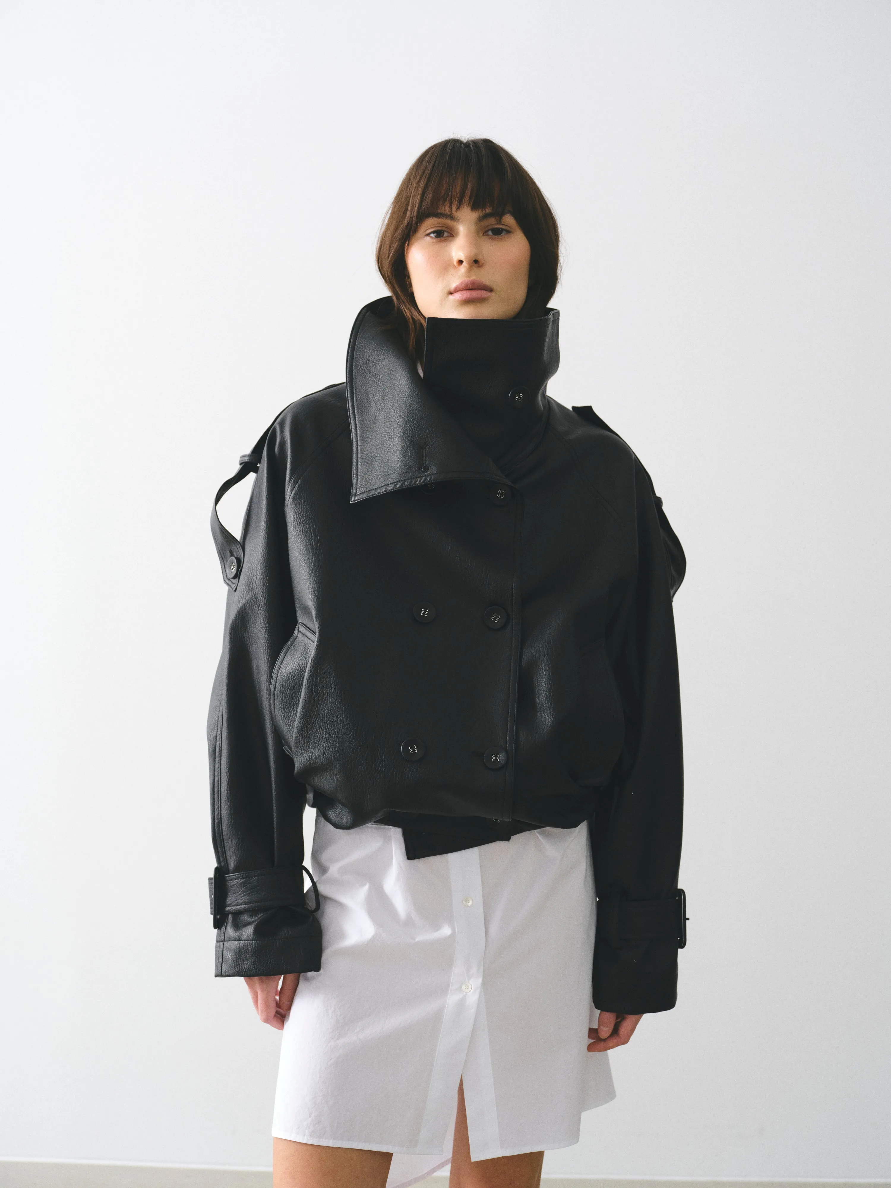 Funnel-Neck Faux-Leather Jacket, Black sold by Source Unknown product image thumbnail 2