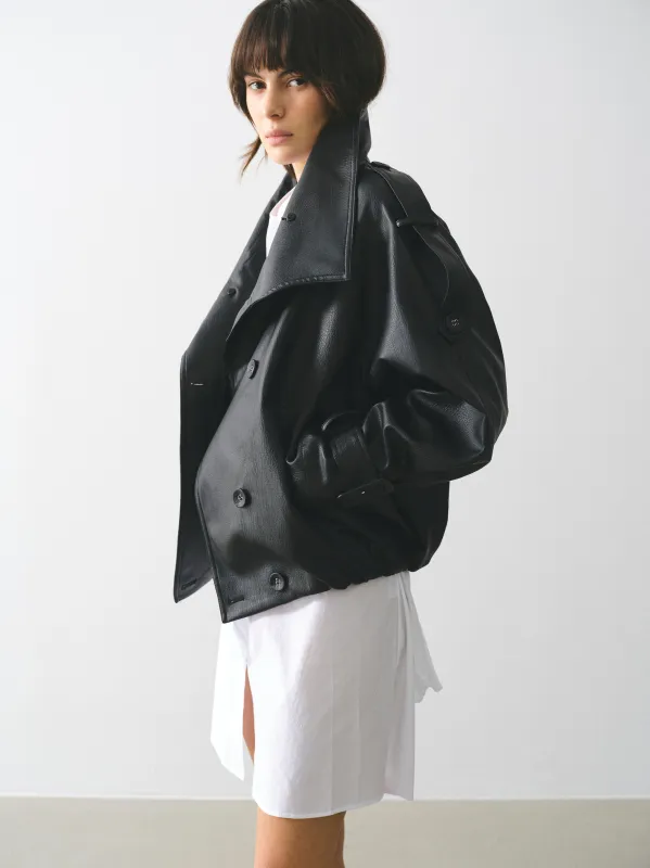 Funnel-Neck Faux-Leather Jacket, Black made by Source Unknown