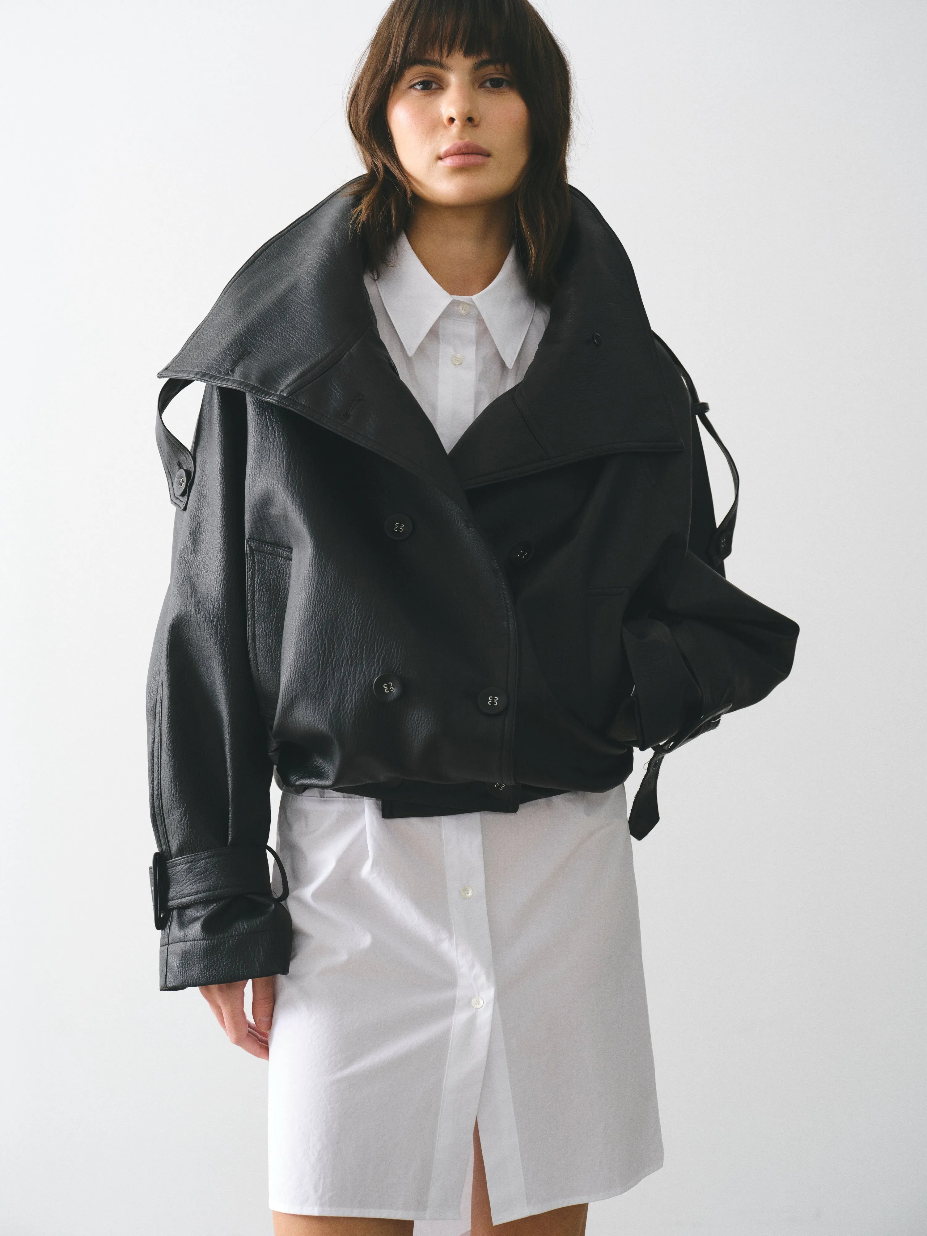 Funnel-Neck Faux-Leather Jacket, Black sold by Source Unknown product image thumbnail 4