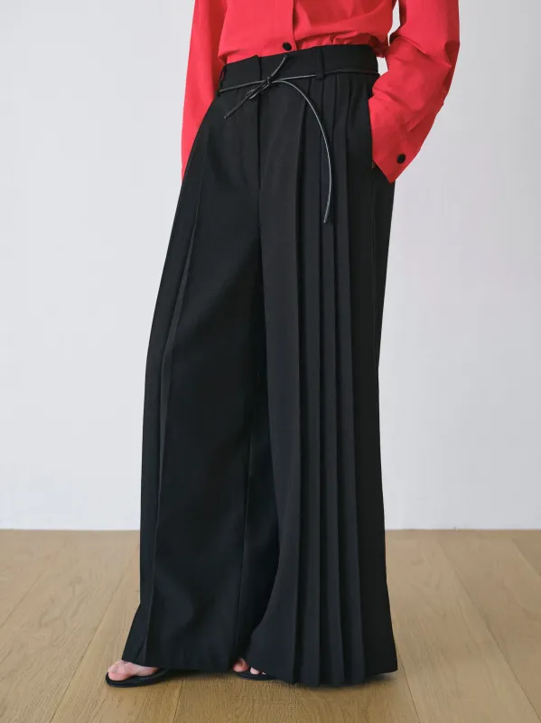 Tie-Belt Pleated Trousers, Black made by Source Unknown