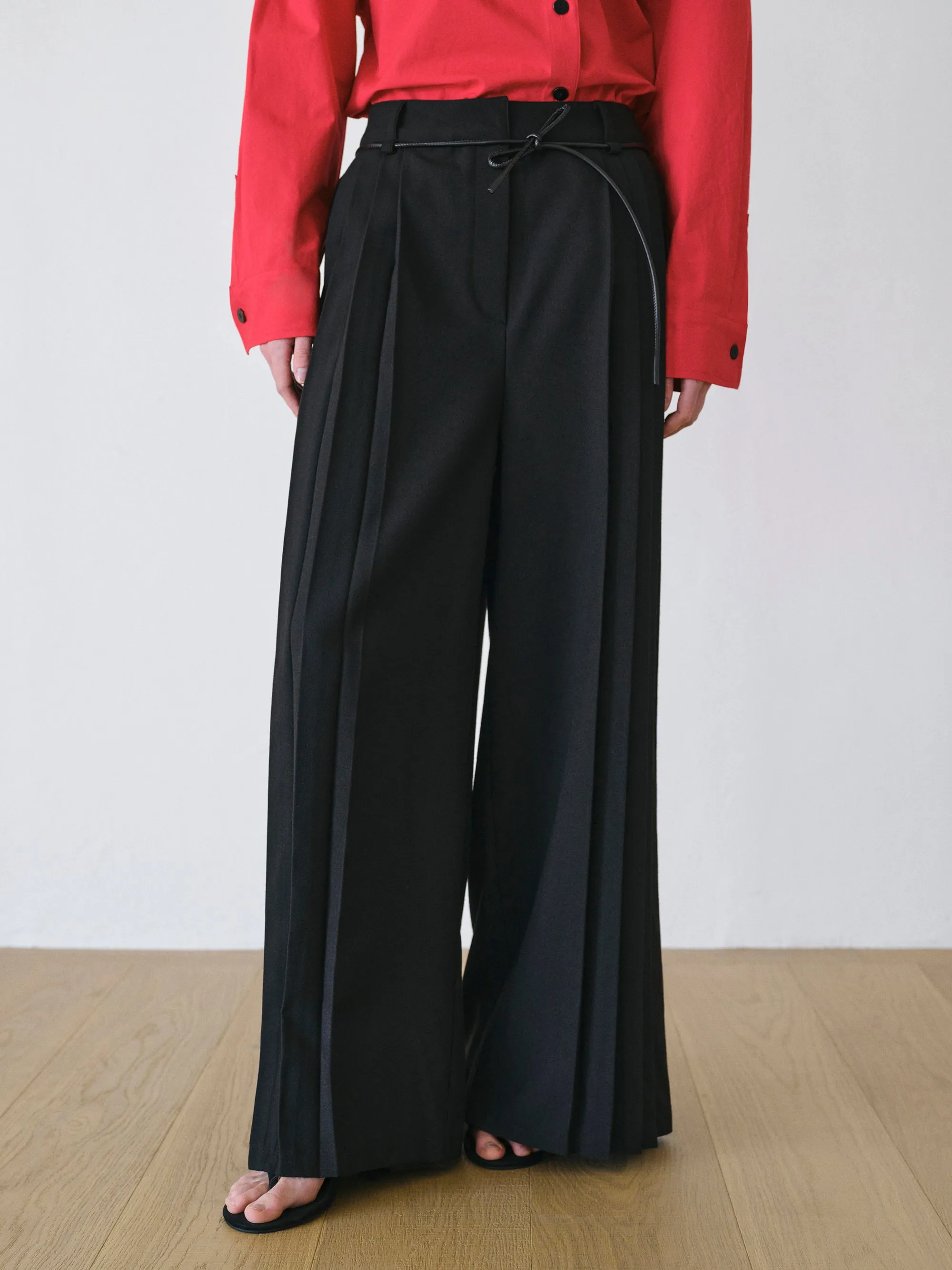Tie-Belt Pleated Trousers, Black sold by Source Unknown product image thumbnail 4