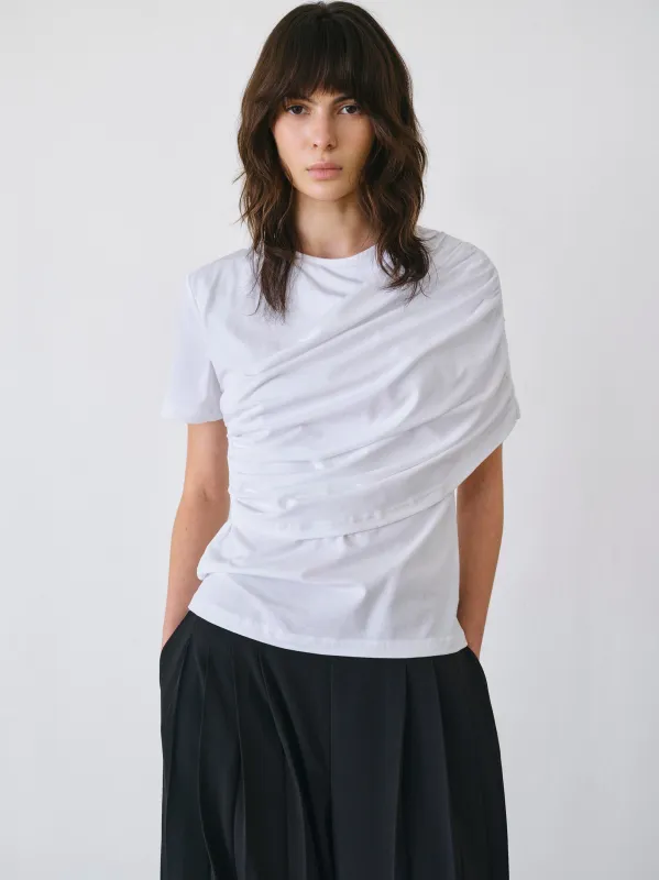 Asymmetric Ruched T-Shirt, White made by Source Unknown