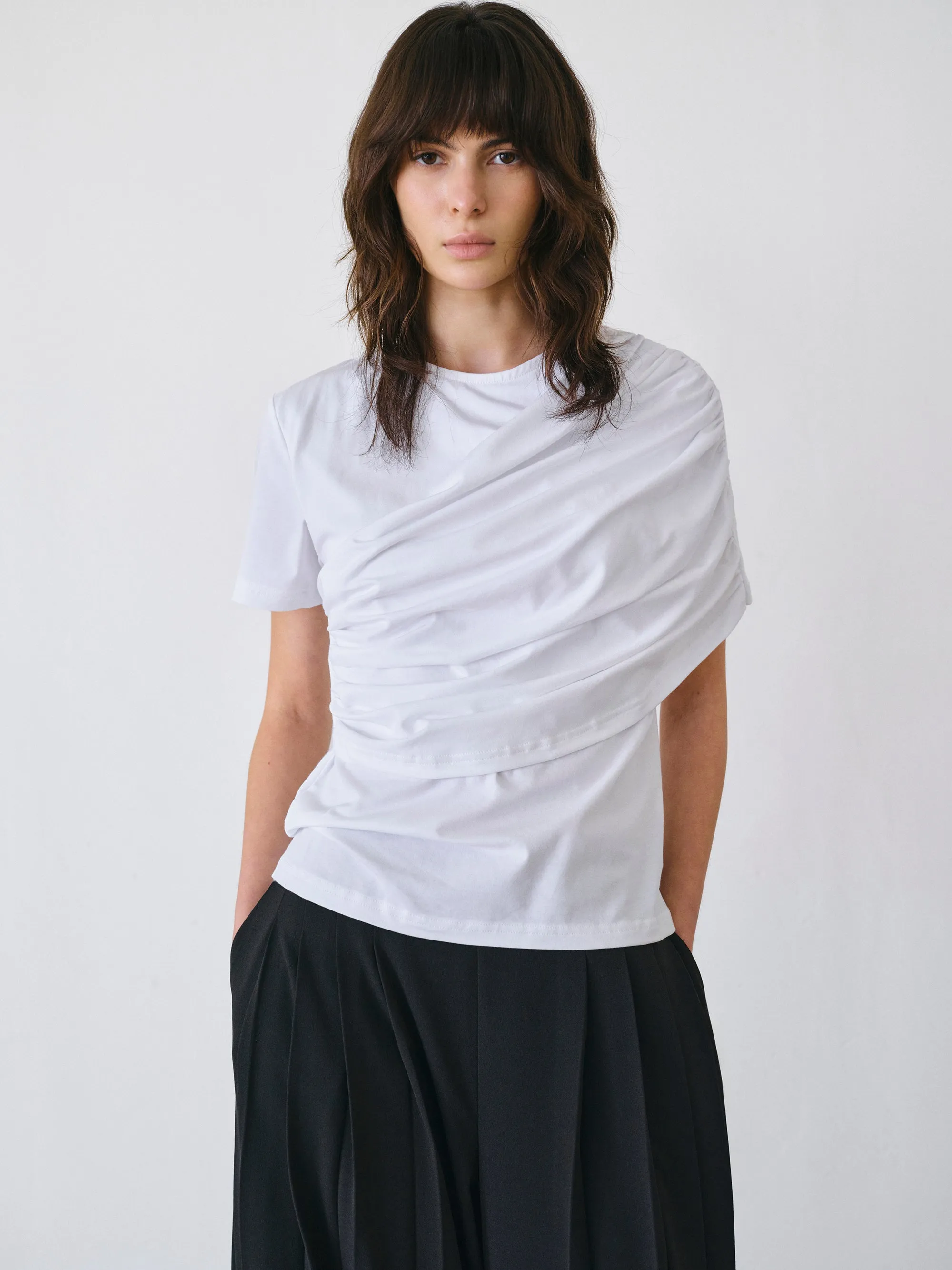 Asymmetric Ruched T-Shirt, White sold by Source Unknown