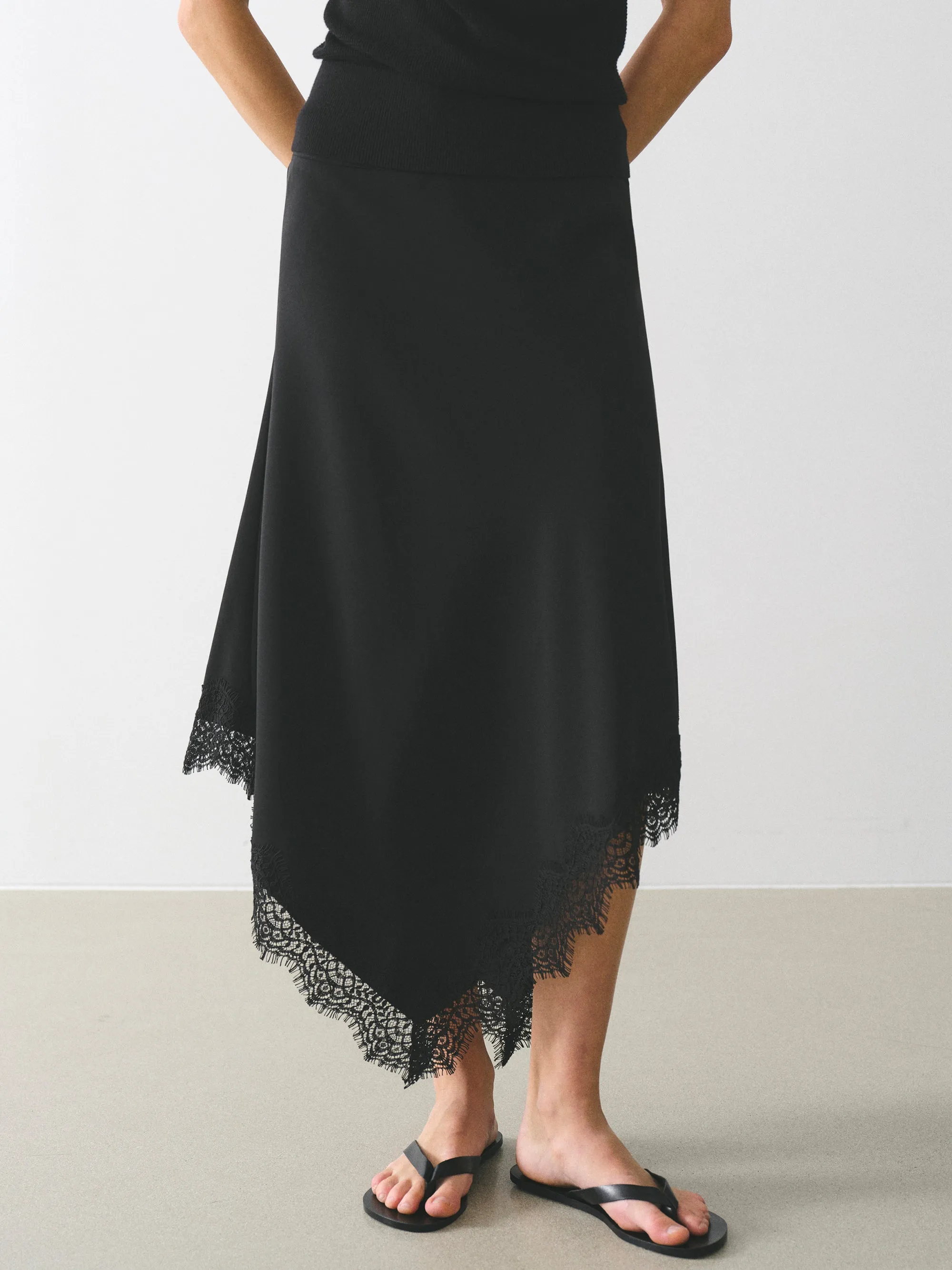 Asymmetric Lace-Trimmed Skirt, Black sold by Source Unknown