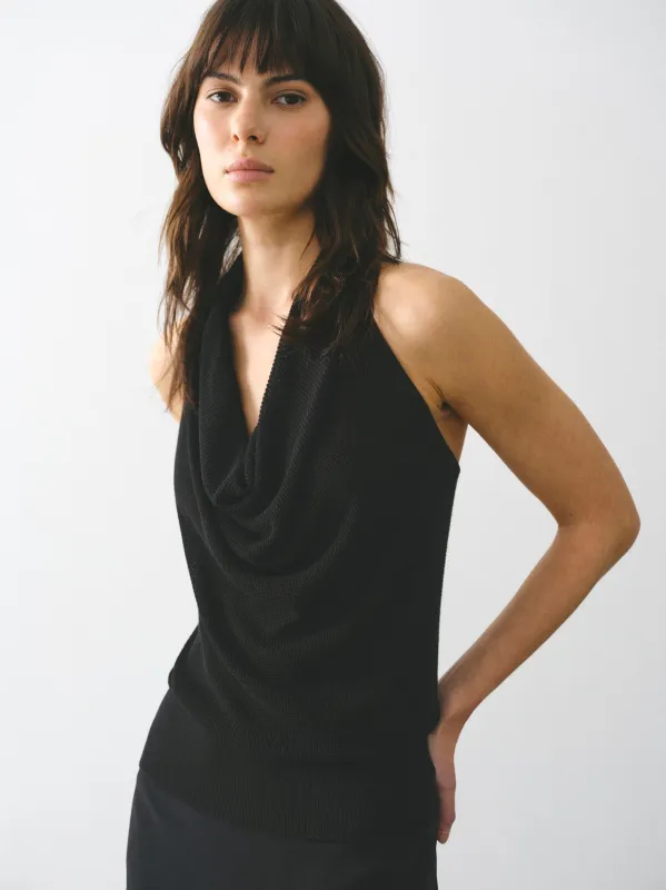 Cowl-Neck Halter Knit Top, Black made by Source Unknown