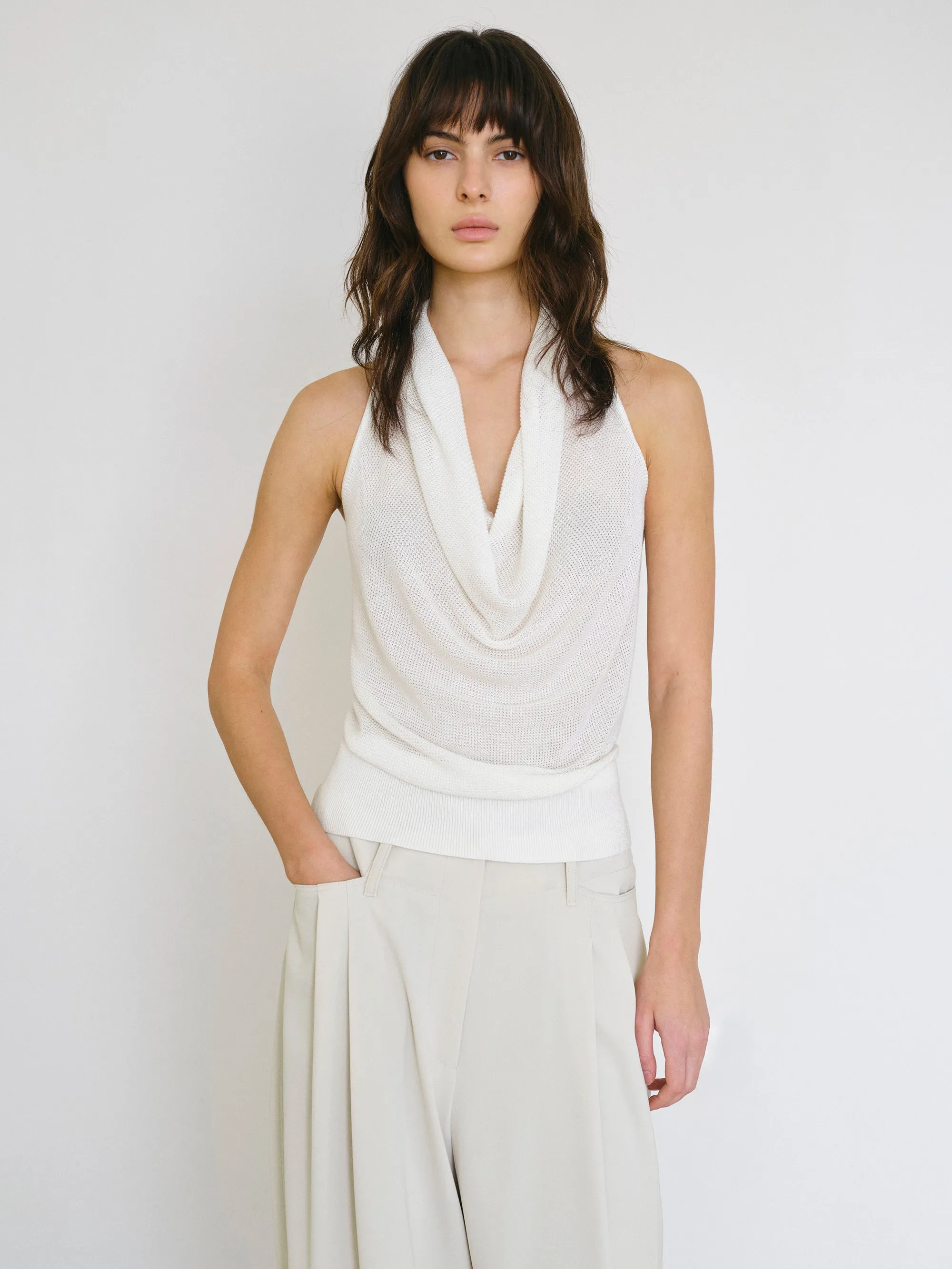 Cowl-Neck Halter Knit Top, Ivory sold by Source Unknown