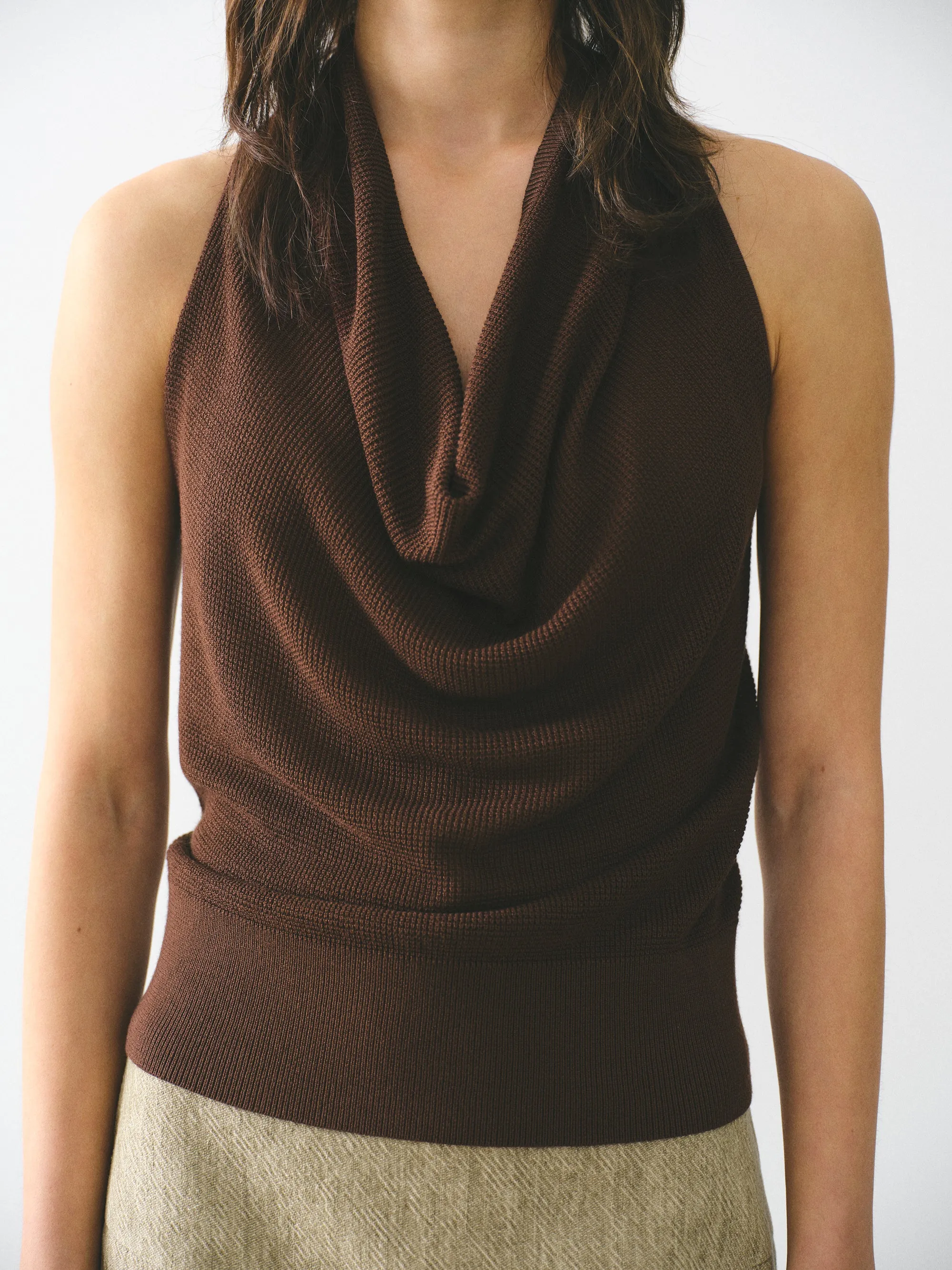 Cowl-Neck Halter Knit Top, Brown sold by Source Unknown product image thumbnail 5