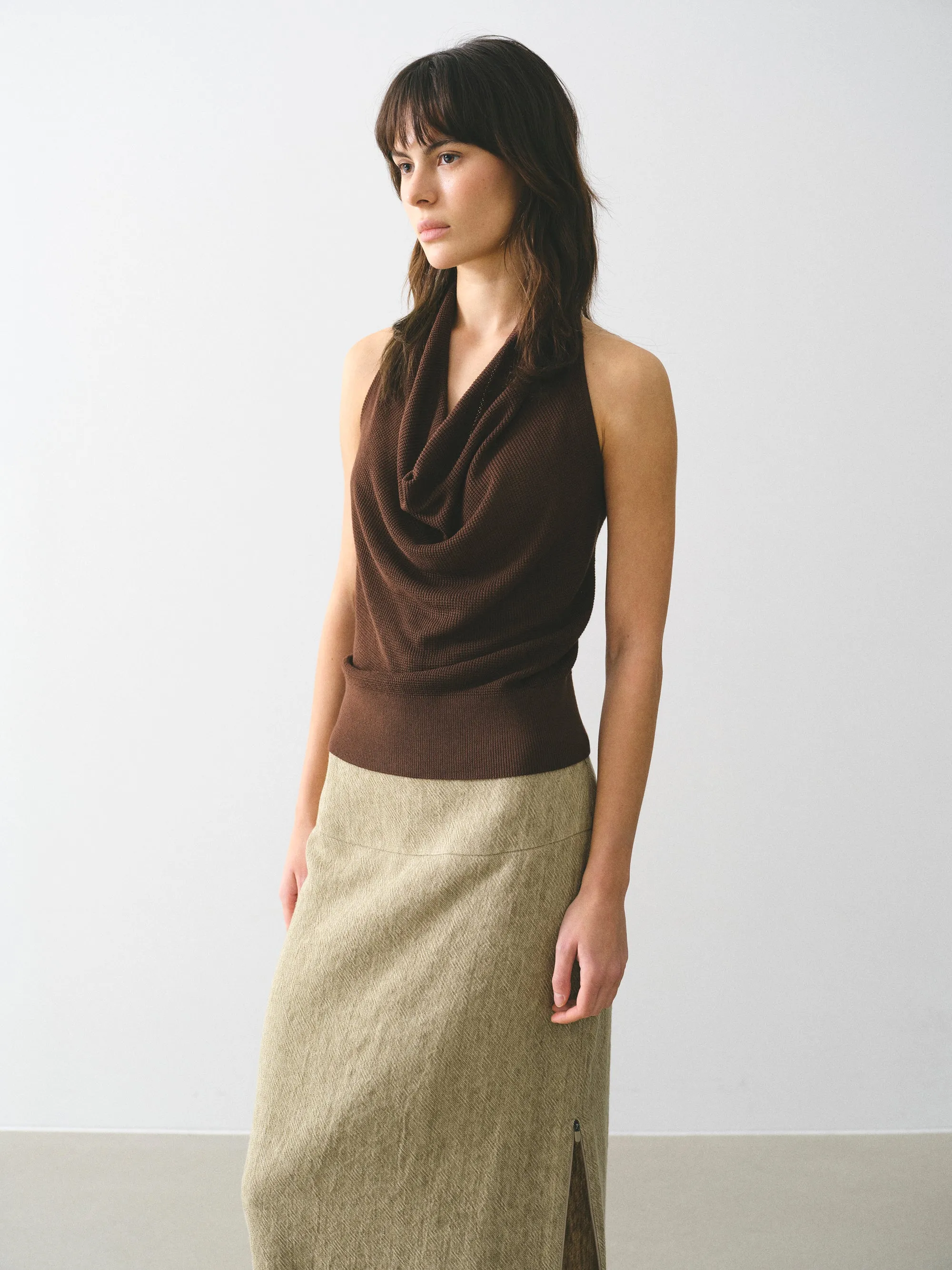 Cowl-Neck Halter Knit Top, Brown sold by Source Unknown product image thumbnail 4