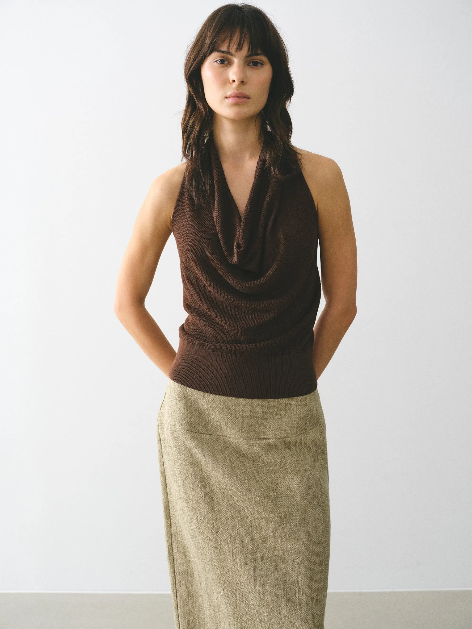 Cowl-Neck Halter Knit Top, Brown sold by Source Unknown