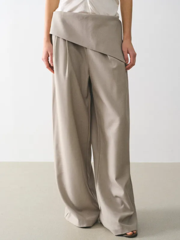 Asymmetric Folded Trousers, Beige made by Source Unknown