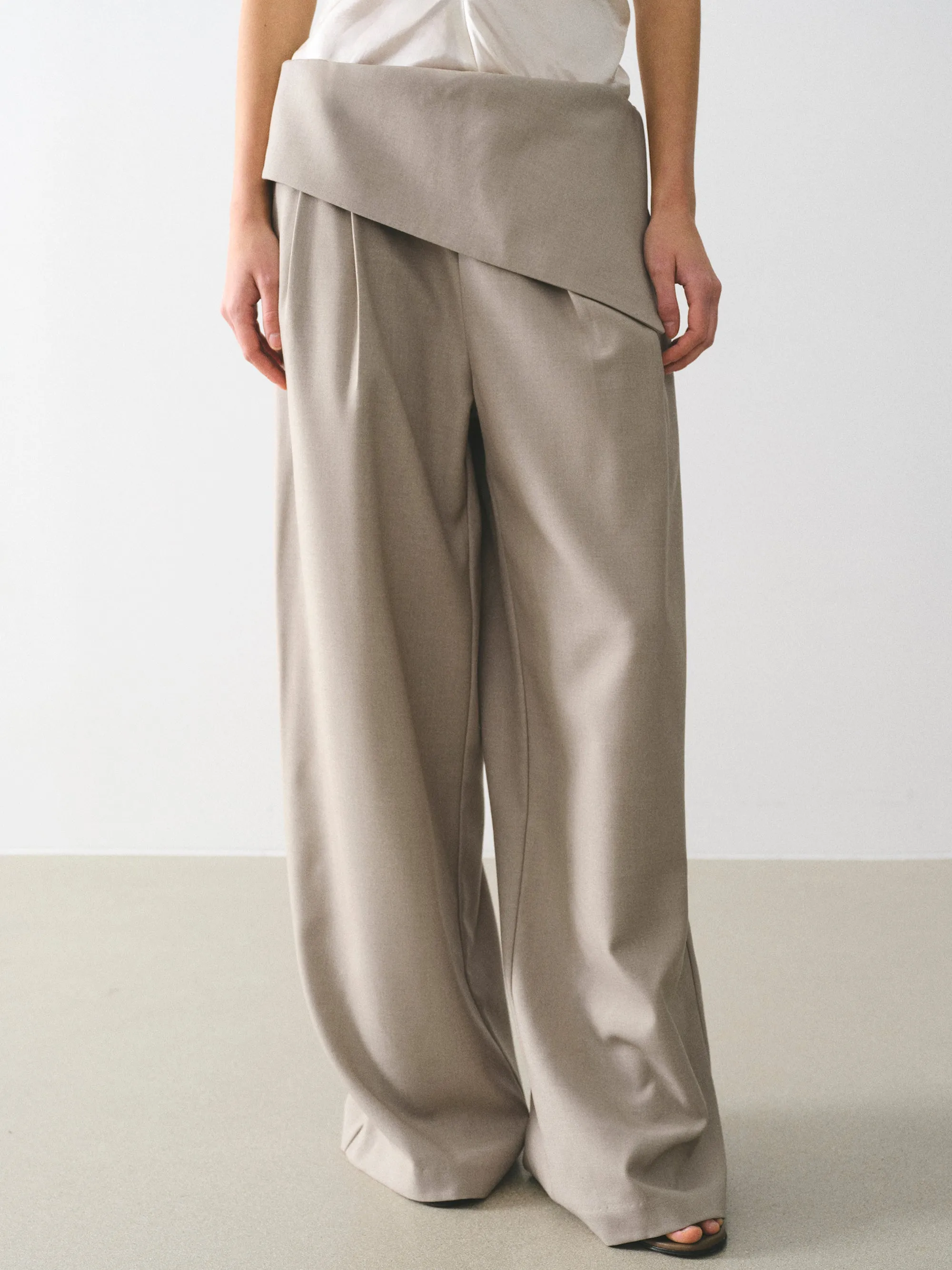 Asymmetric Folded Trousers, Beige sold by Source Unknown