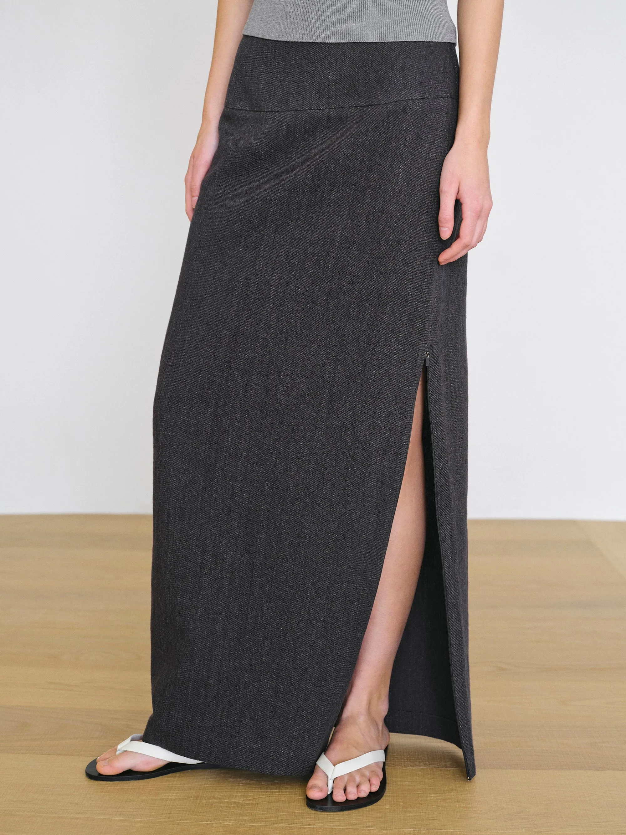 Side-Slit Linen-Blend Skirt, Charcoal sold by Source Unknown
