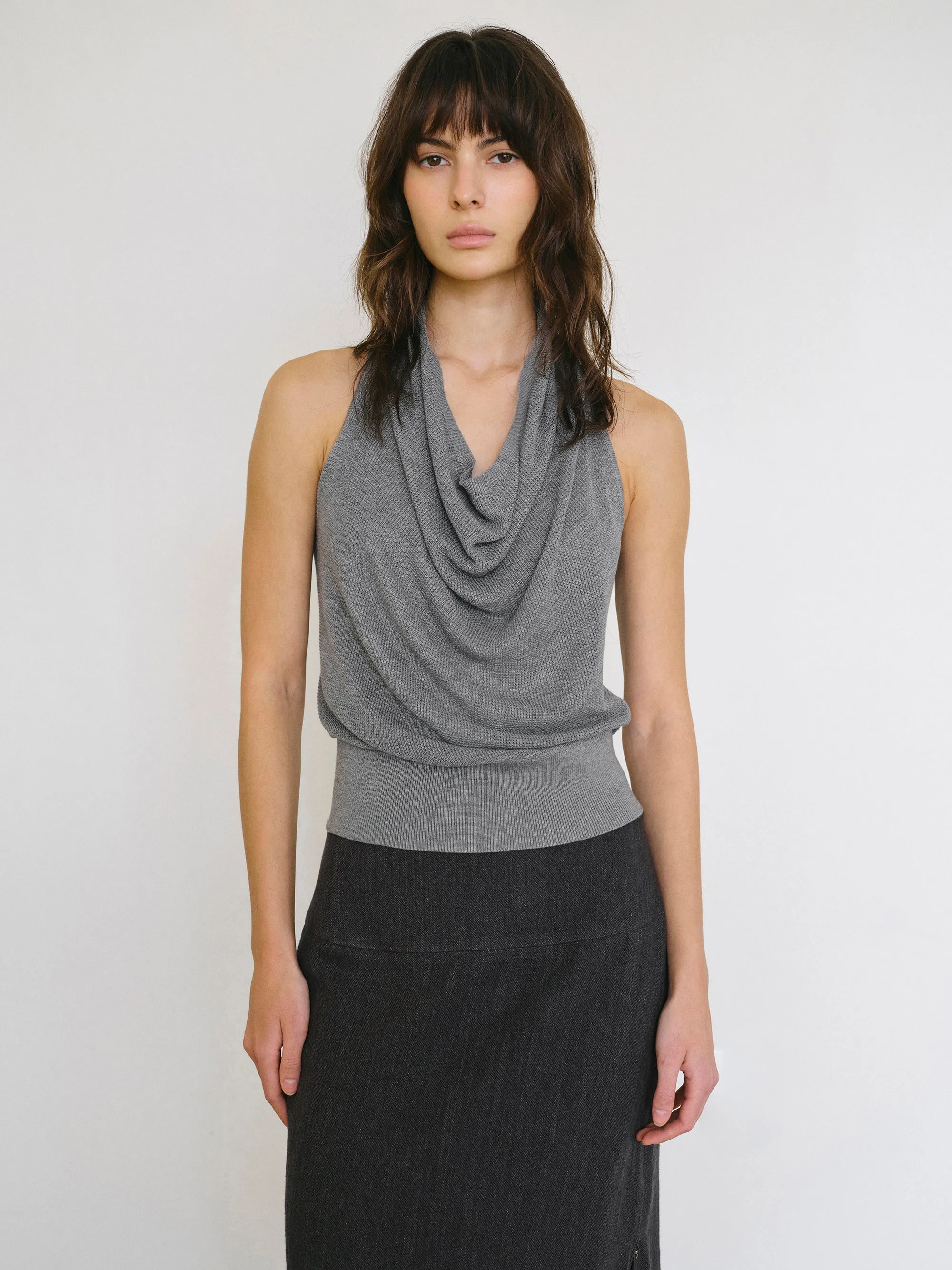 Cowl-Neck Halter Knit Top, Grey sold by Source Unknown