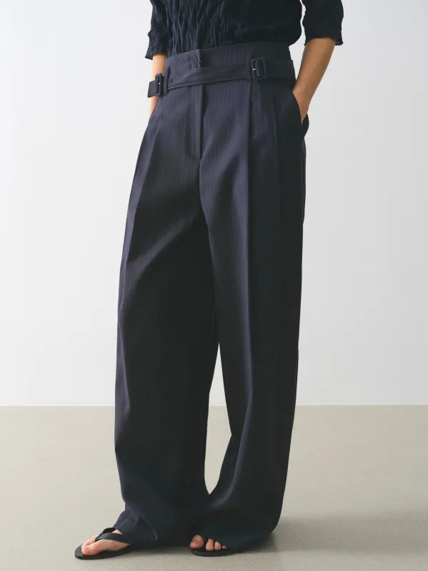 Belted Pinstripe Trousers, Navy made by Source Unknown