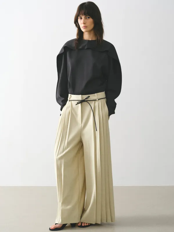 Tie-Belt Pleated Trousers, Beige made by Source Unknown