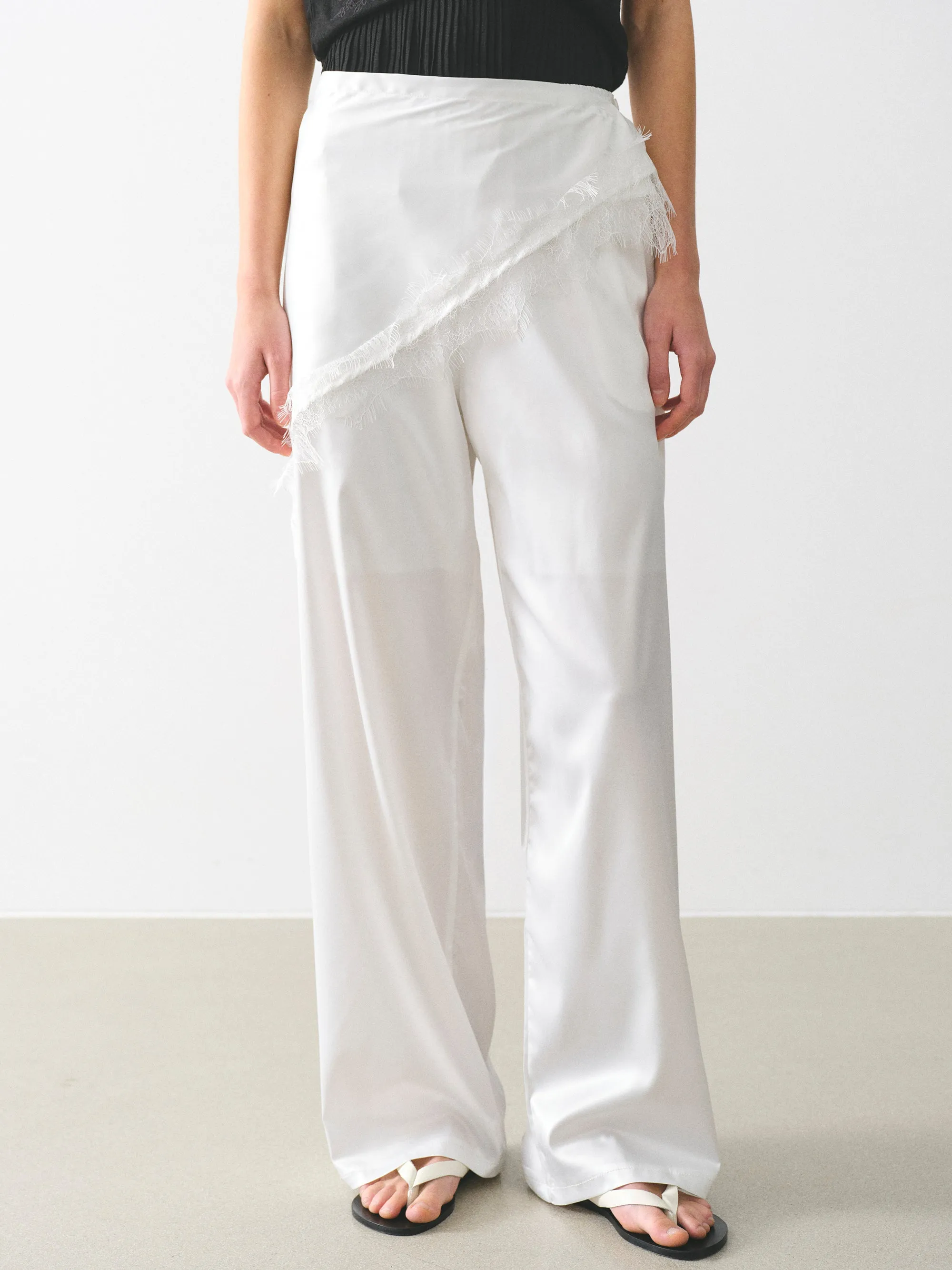 Layered Satin-Effect Trousers, Ivory sold by Source Unknown