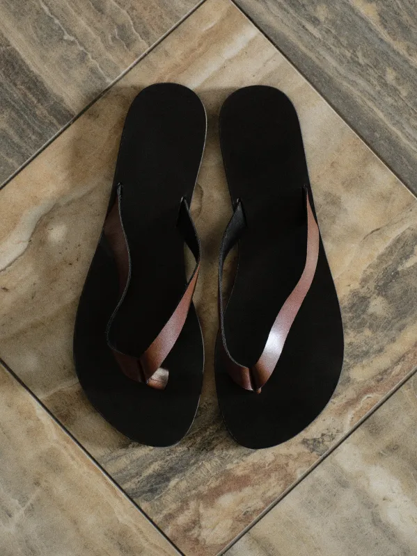 Leather Strap Flip-Flops, Brown made by Source Unknown