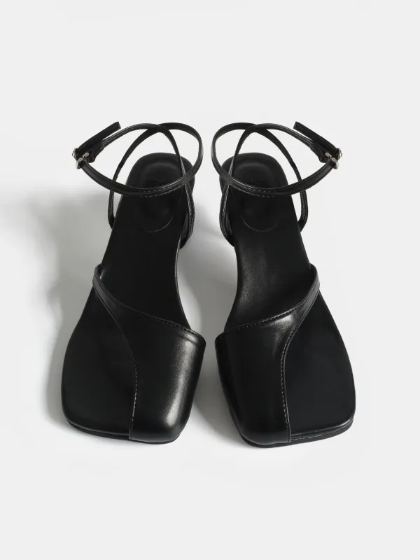 Toe-Loop Heeled Sandals, Black made by Source Unknown