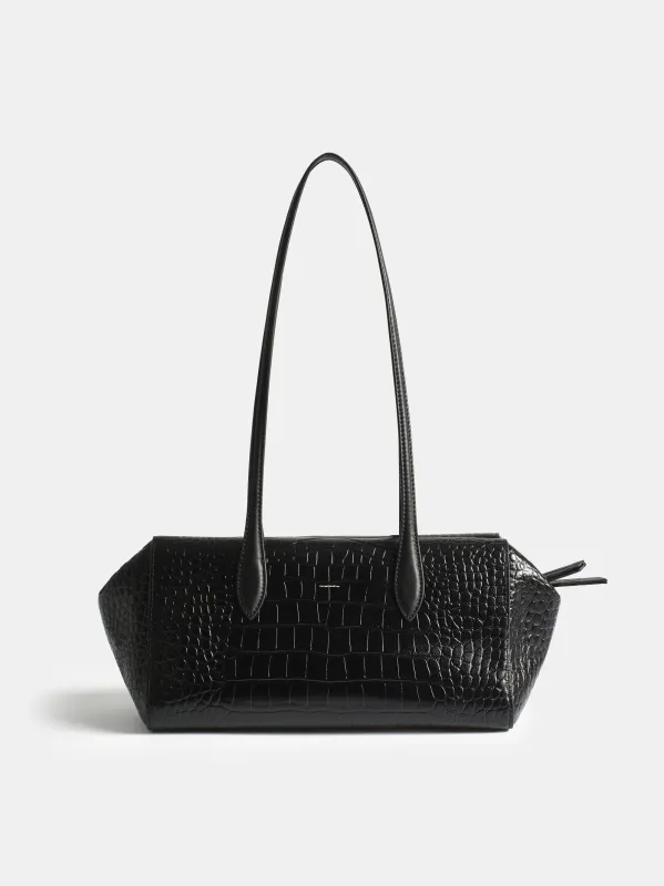 Croc-Embossed Leather Tote Bag, Black made by Source Unknown