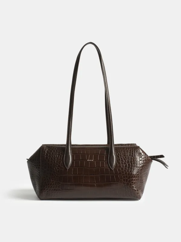 Croc-Embossed Leather Tote Bag, Brown made by Source Unknown