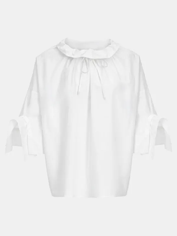 Drawstring Foldover-Collar Shirt, Ivory made by Source Unknown