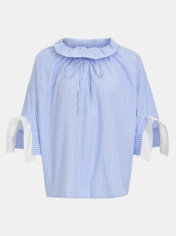 Drawstring Foldover-Collar Shirt, Striped Blue made by Source Unknown