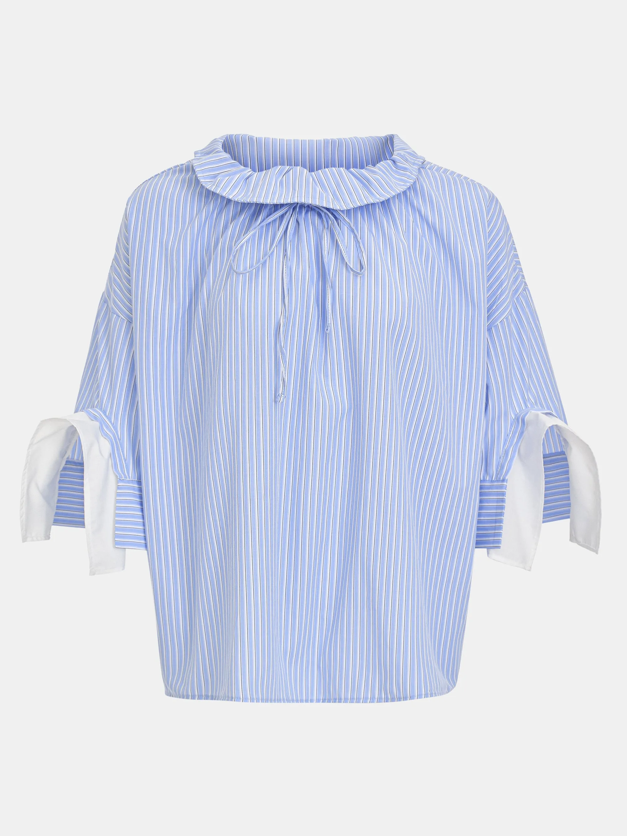 Drawstring Foldover-Collar Shirt, Striped Blue sold by Source Unknown