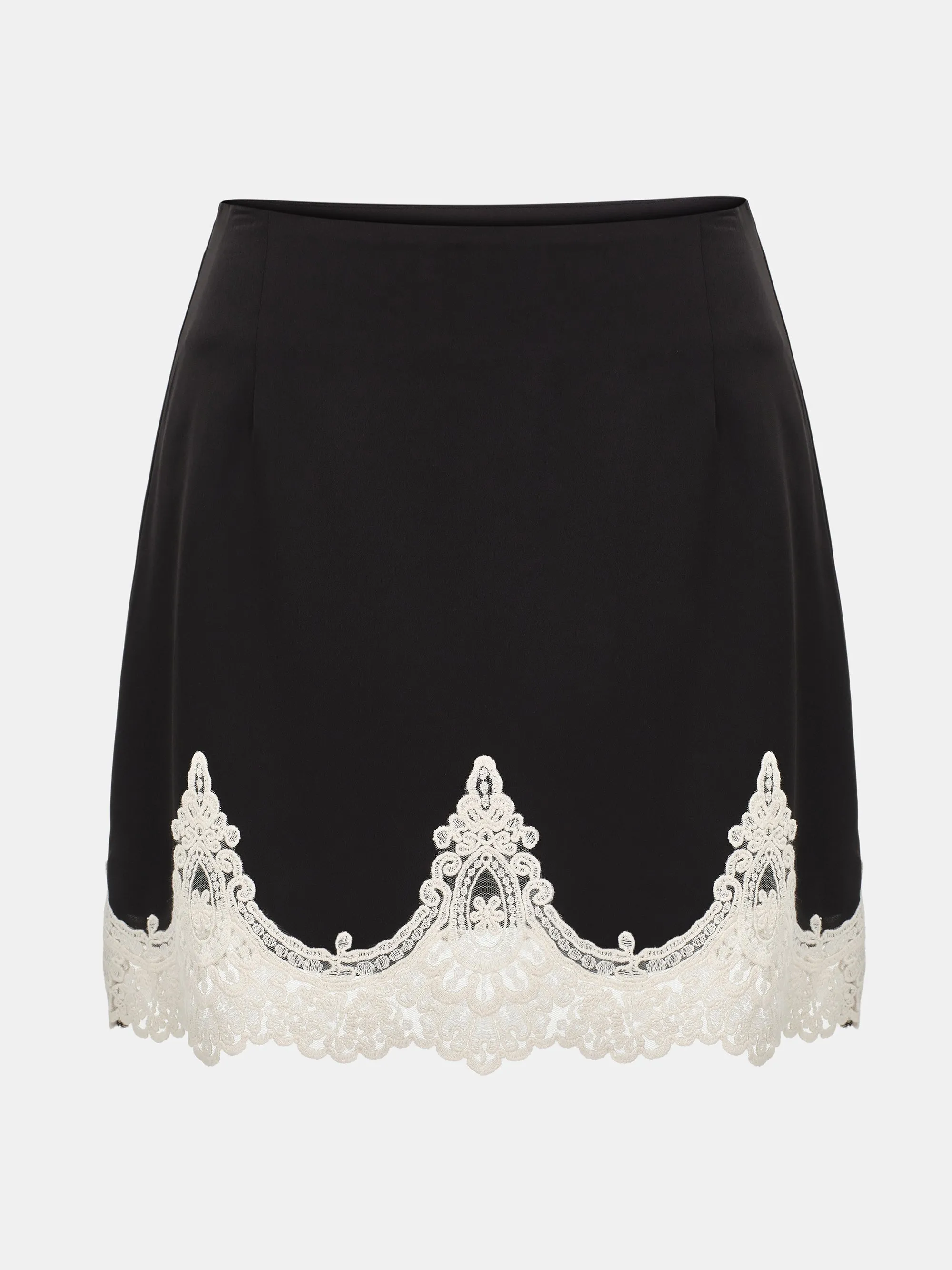 Celia Lace-Trimmed Satin Skirt, Black sold by Source Unknown